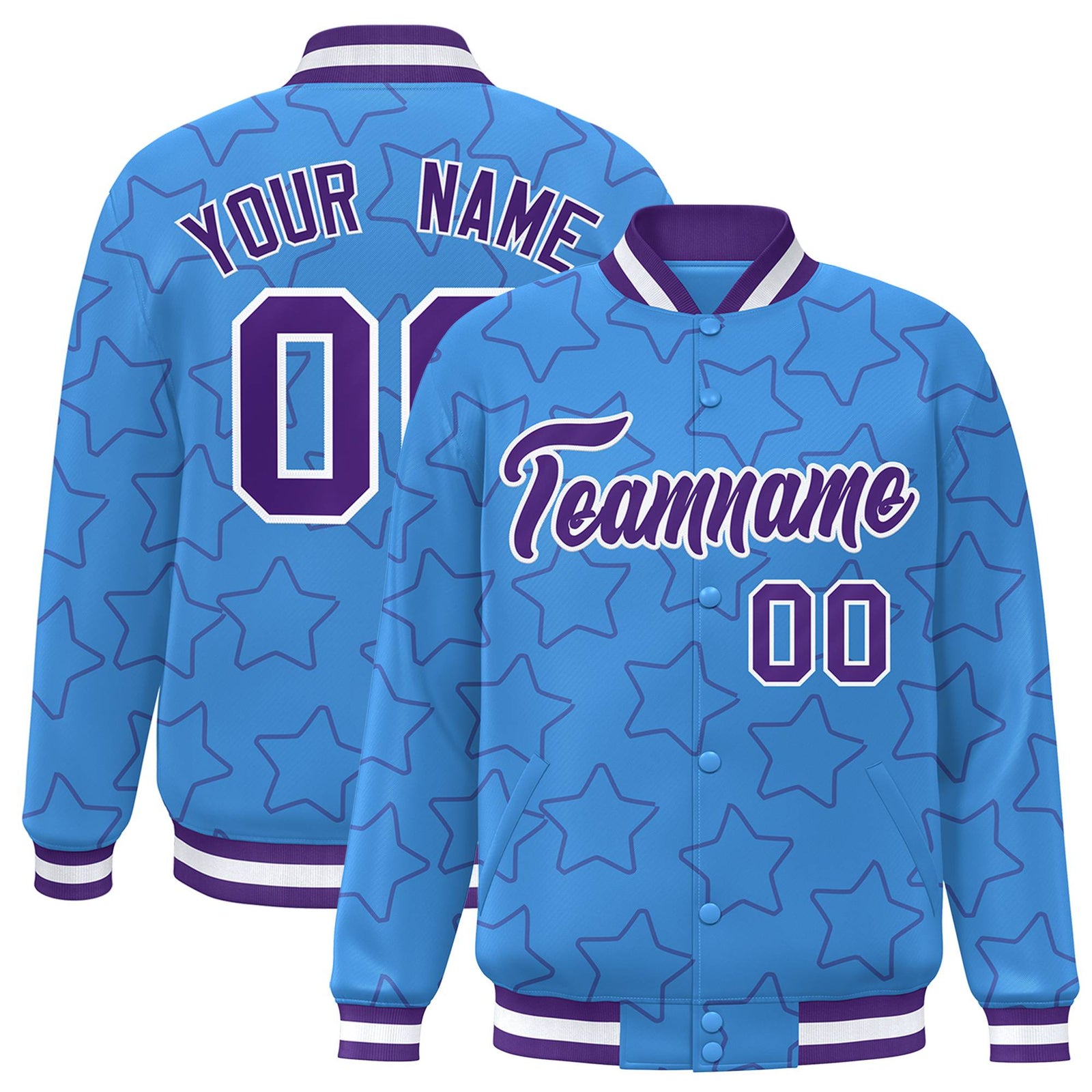 Custom Powder Blue Purple-White Varsity Full-Snap Star Pattern Letterman Baseball Jacket