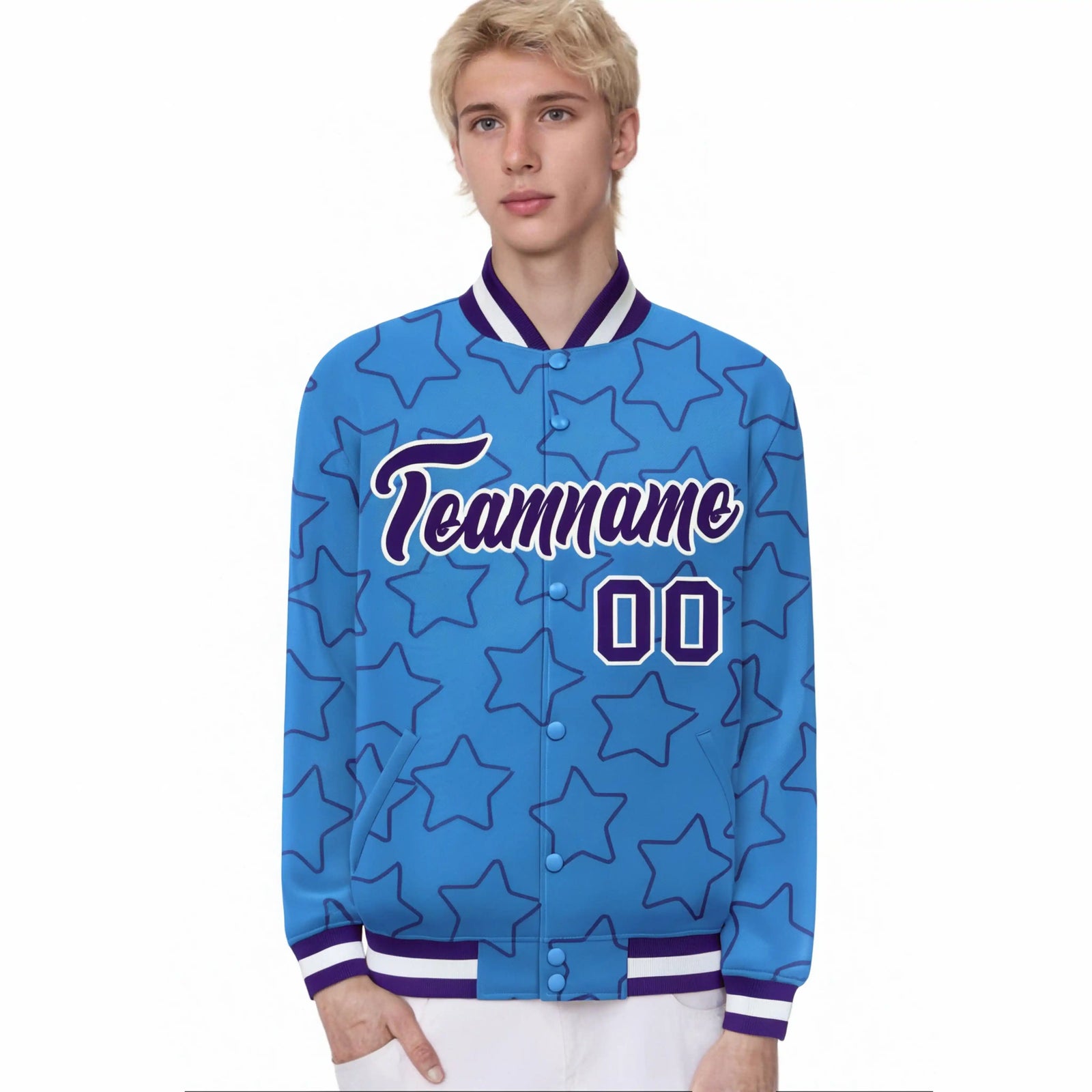 Custom Powder Blue Purple-White Varsity Full-Snap Star Pattern Letterman Baseball Jacket