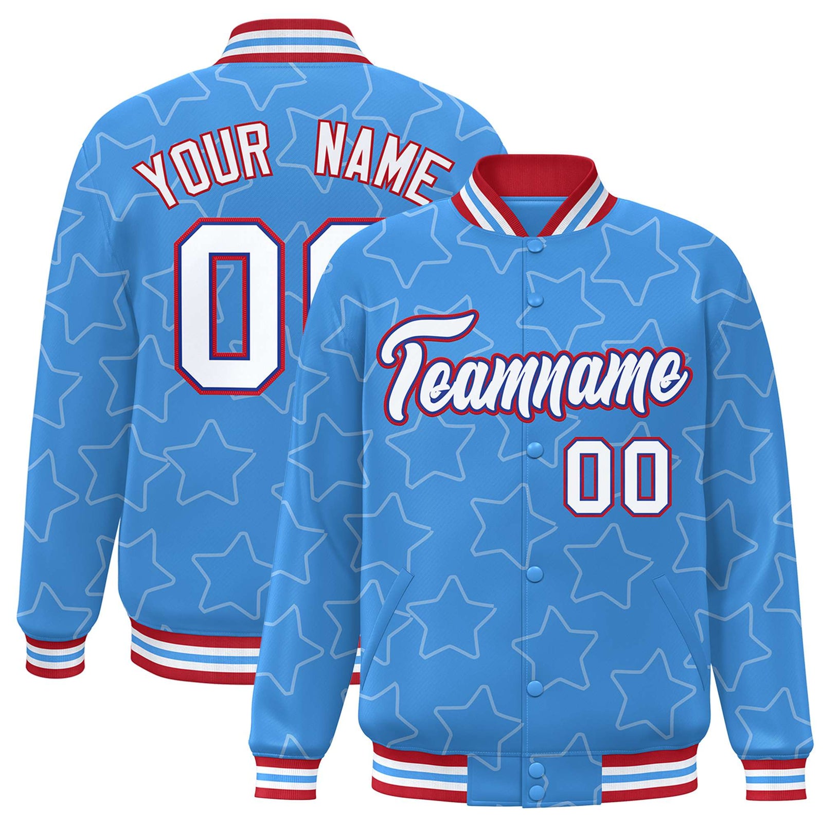 Custom Powder Blue White-Red Varsity Full-Snap Star Pattern Letterman Baseball Jacket