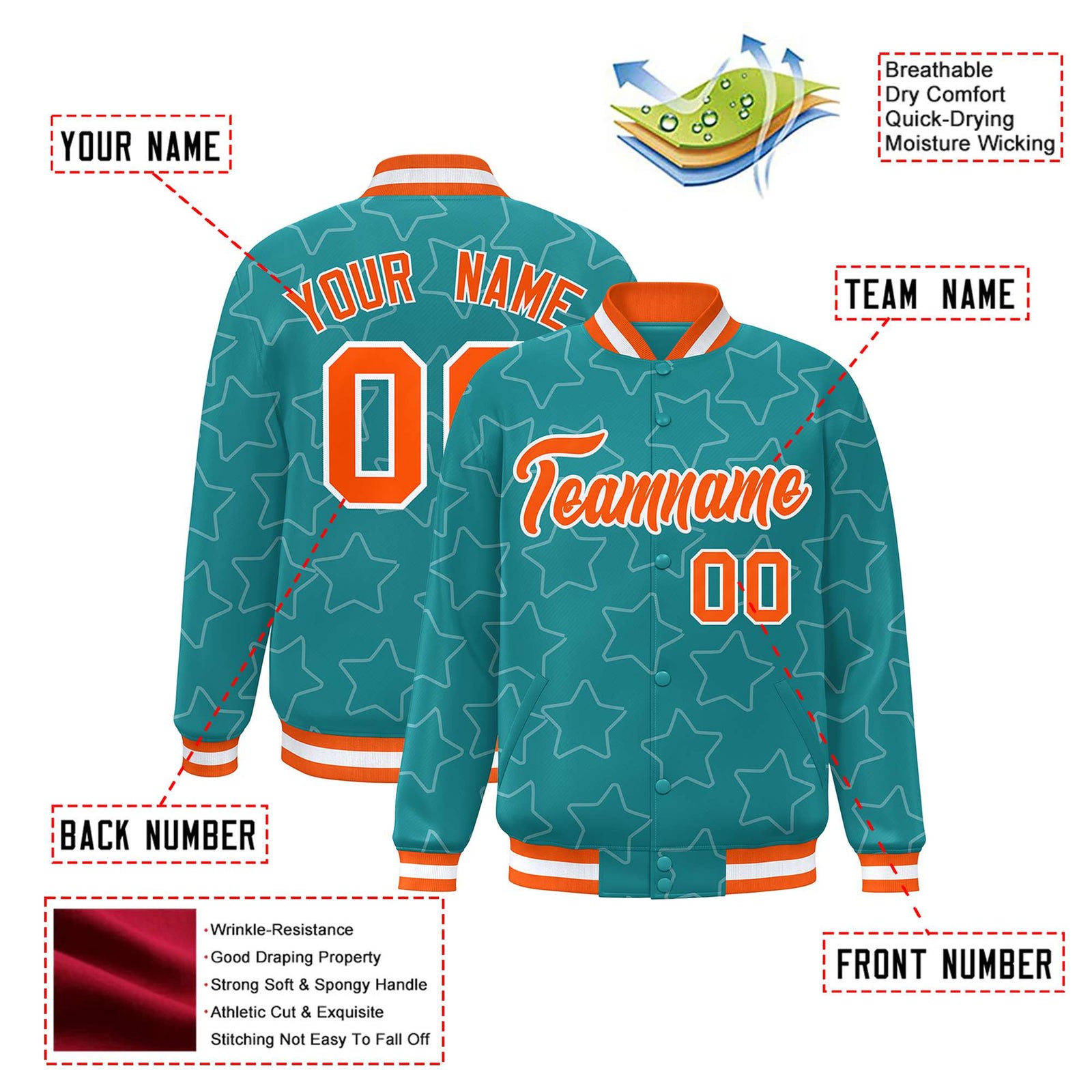 Custom Aqua Orange-White Varsity Full-Snap Star Pattern Letterman Baseball Jacket