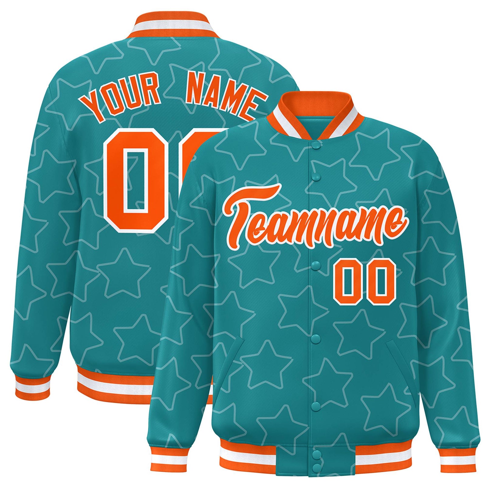 Custom Aqua Orange-White Varsity Full-Snap Star Pattern Letterman Baseball Jacket