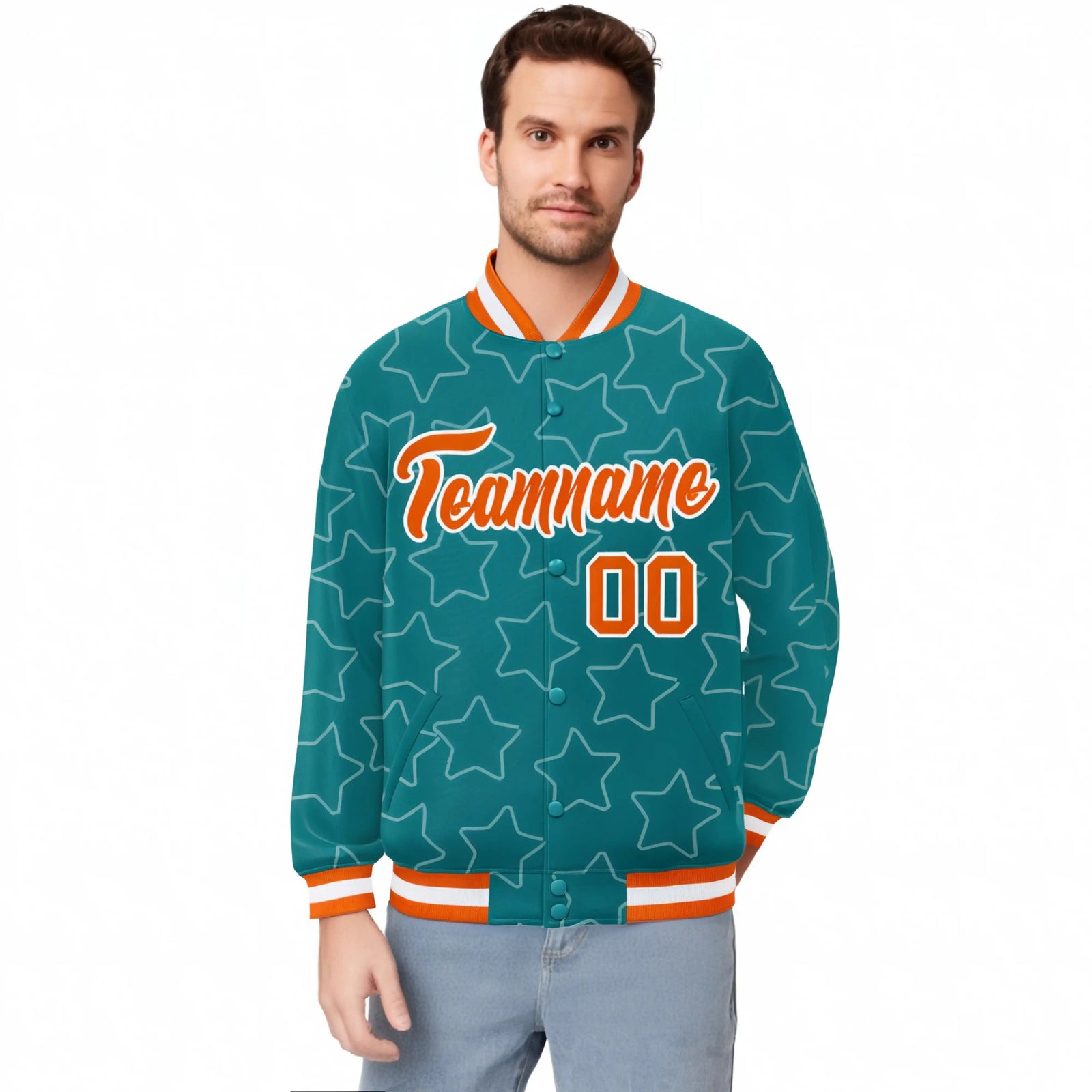 Custom Aqua Orange-White Varsity Full-Snap Star Pattern Letterman Baseball Jacket
