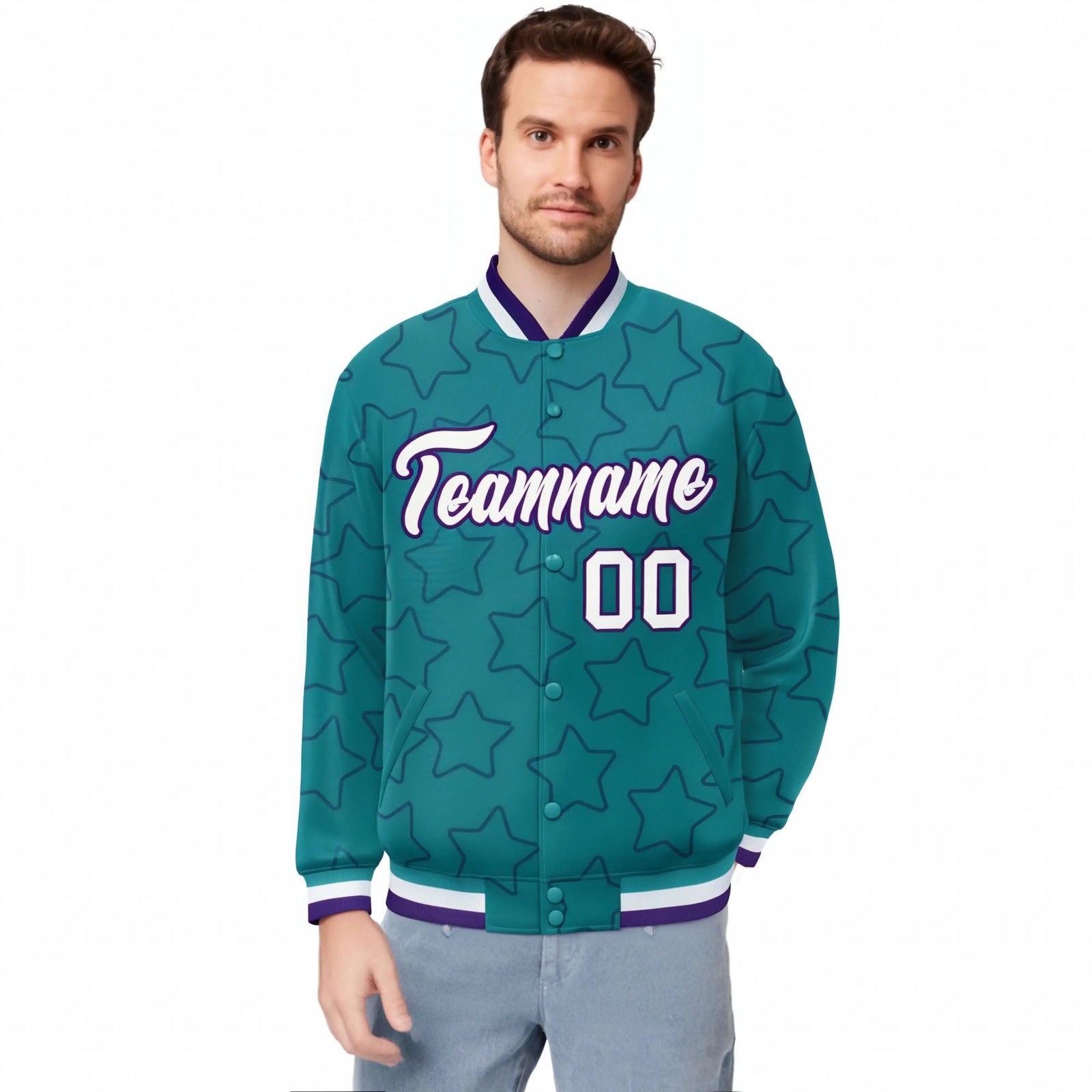Custom Aqua White-Purple Varsity Full-Snap Star Pattern Letterman Baseball Jacket