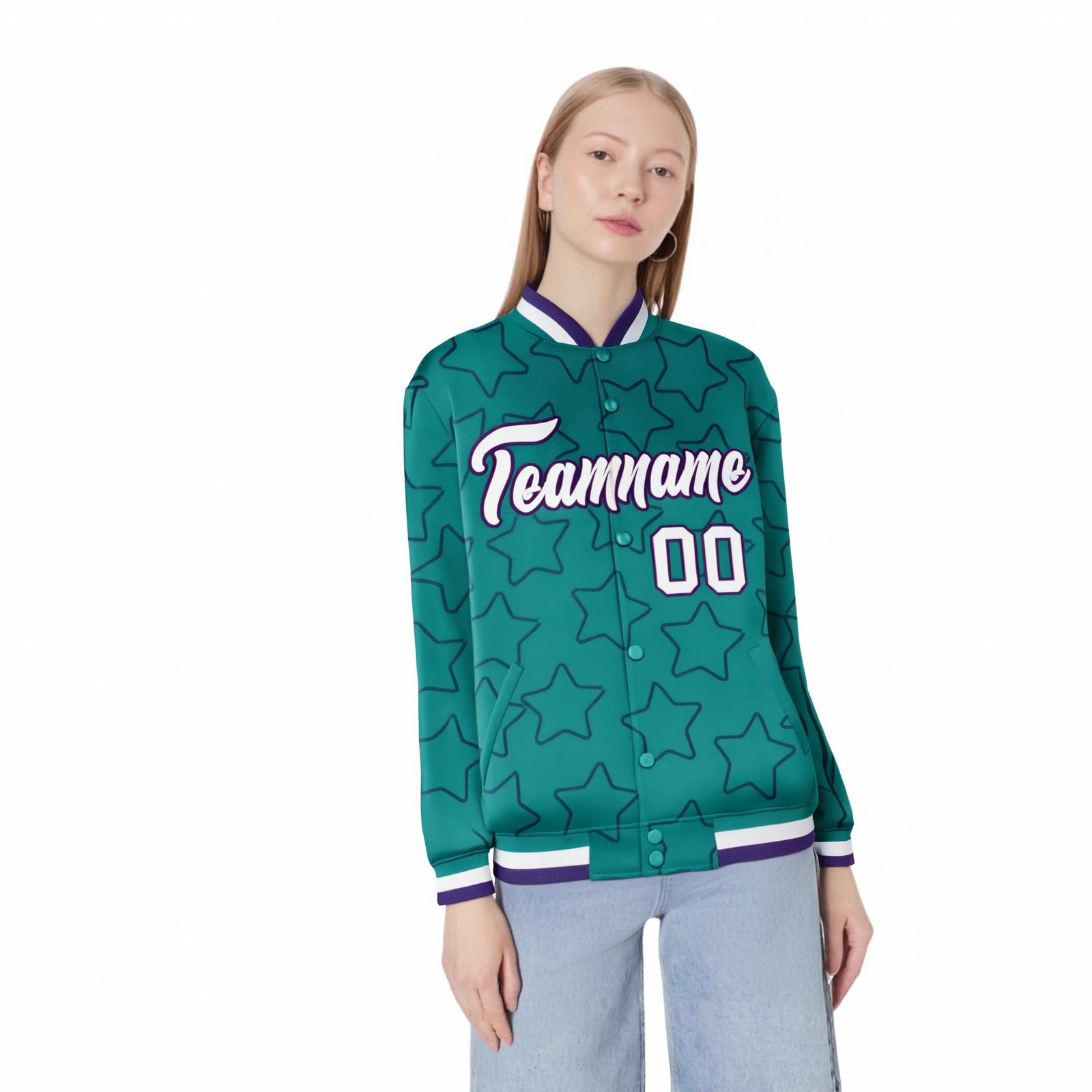Custom Aqua White-Purple Varsity Full-Snap Star Pattern Letterman Baseball Jacket