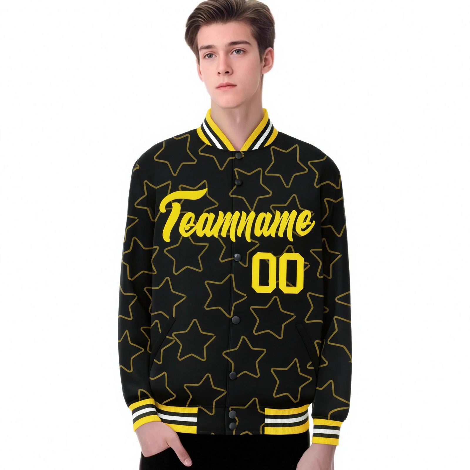 Custom Black Gold Varsity Full-Snap Star Pattern Letterman Baseball Jacket