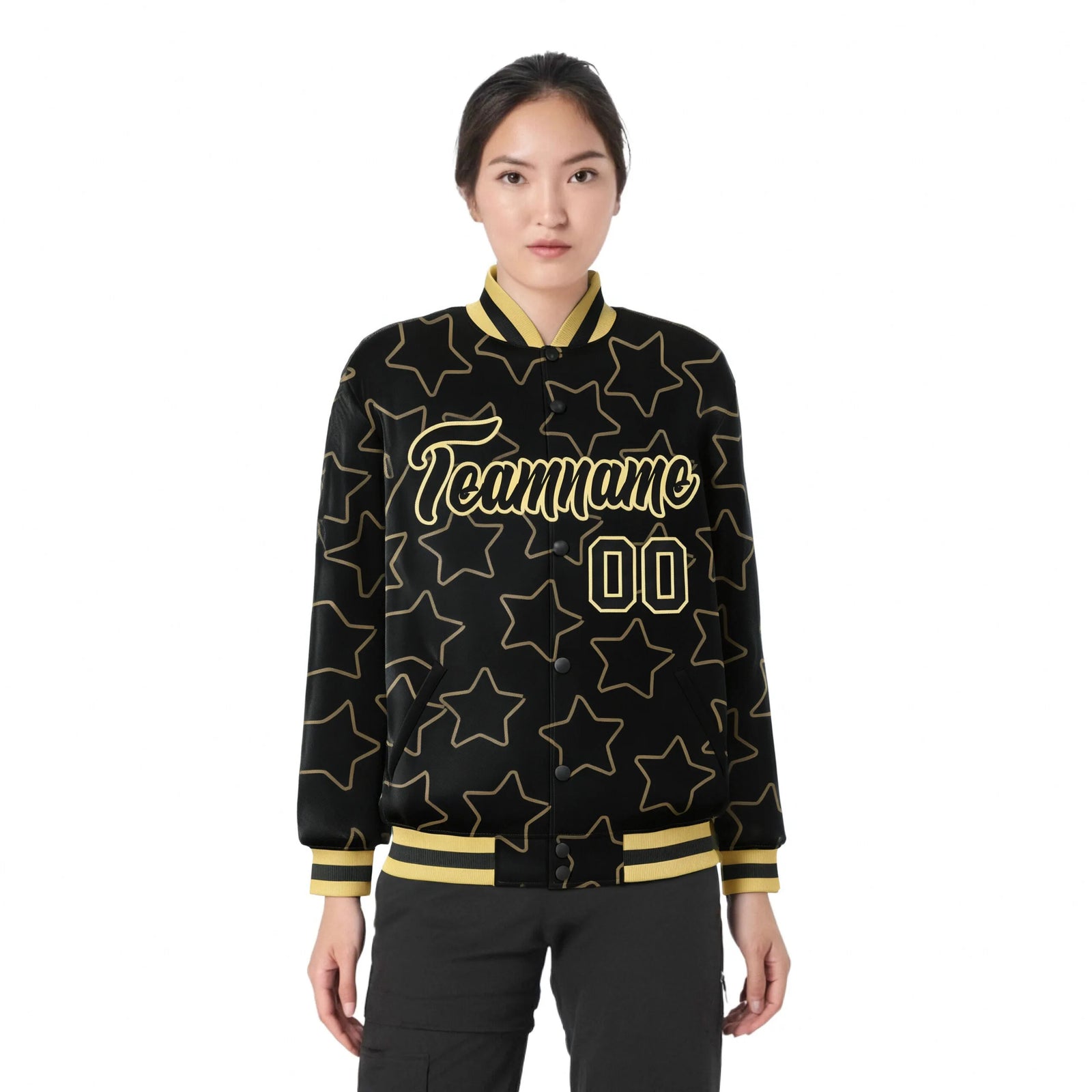 Custom Black Old-Gold Varsity Full-Snap Star Pattern Letterman Baseball Jacket