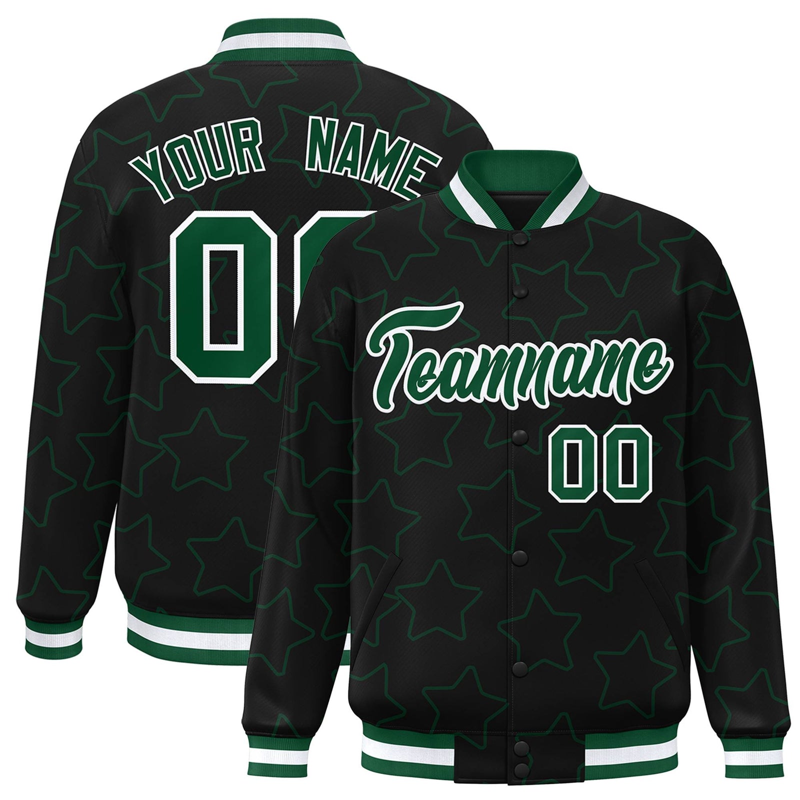 Custom Black Green-White Varsity Full-Snap Star Pattern Letterman Baseball Jacket
