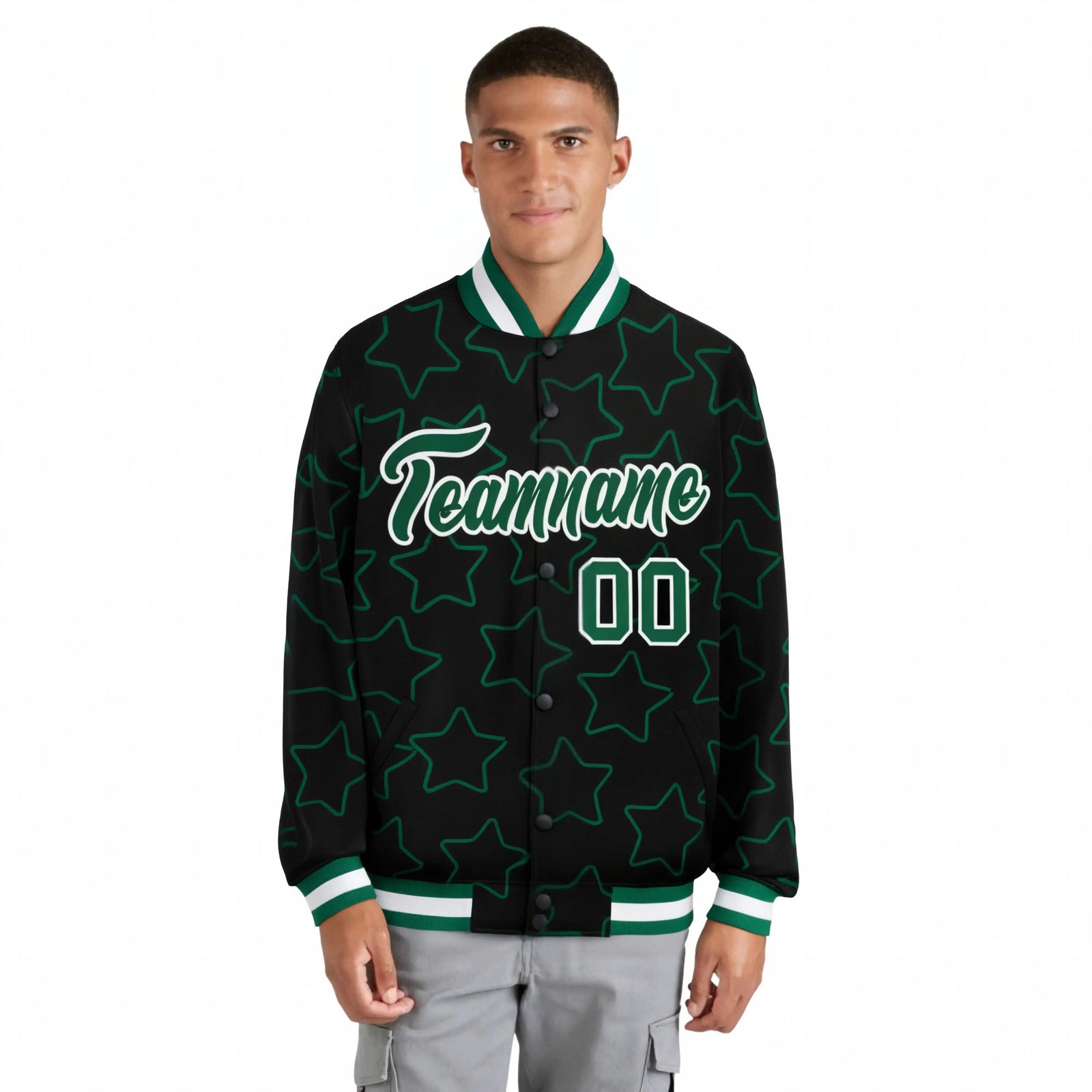 Custom Black Green-White Varsity Full-Snap Star Pattern Letterman Baseball Jacket