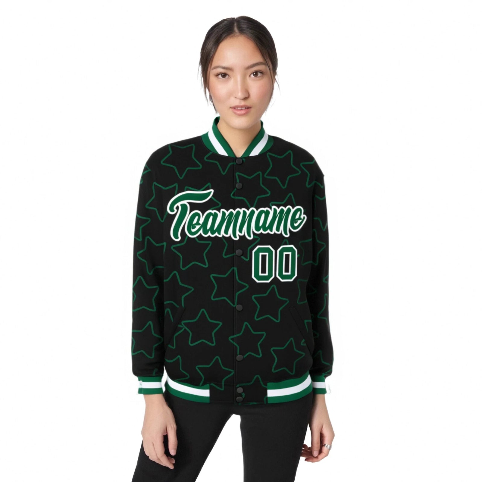 Custom Black Green-White Varsity Full-Snap Star Pattern Letterman Baseball Jacket