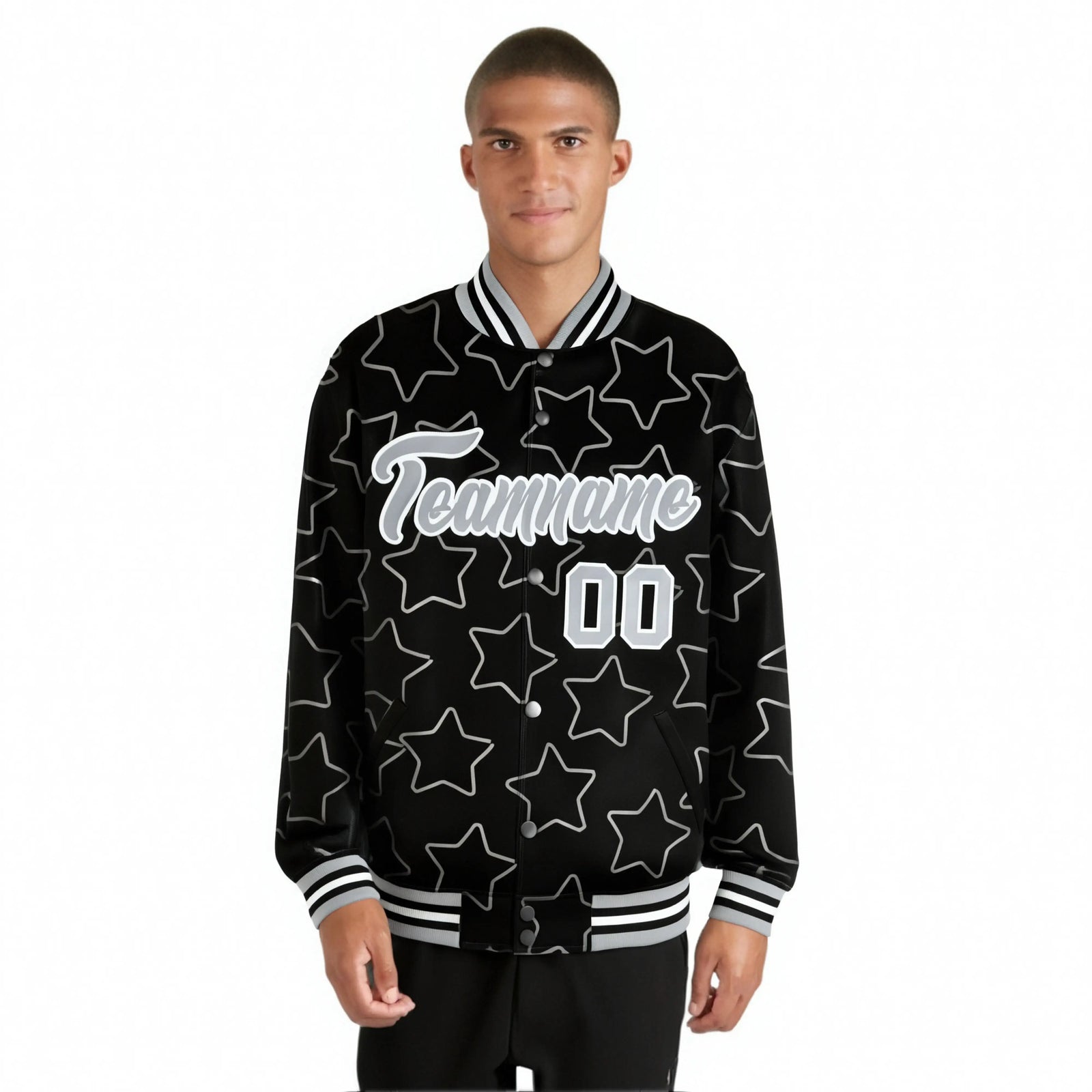 Custom Black Gray-White Varsity Full-Snap Star Pattern Letterman Baseball Jacket