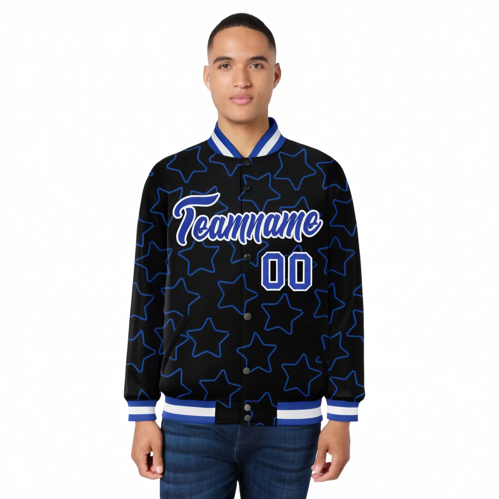 Custom Black Royal Blue-White Varsity Full-Snap Star Pattern Letterman Baseball Jacket