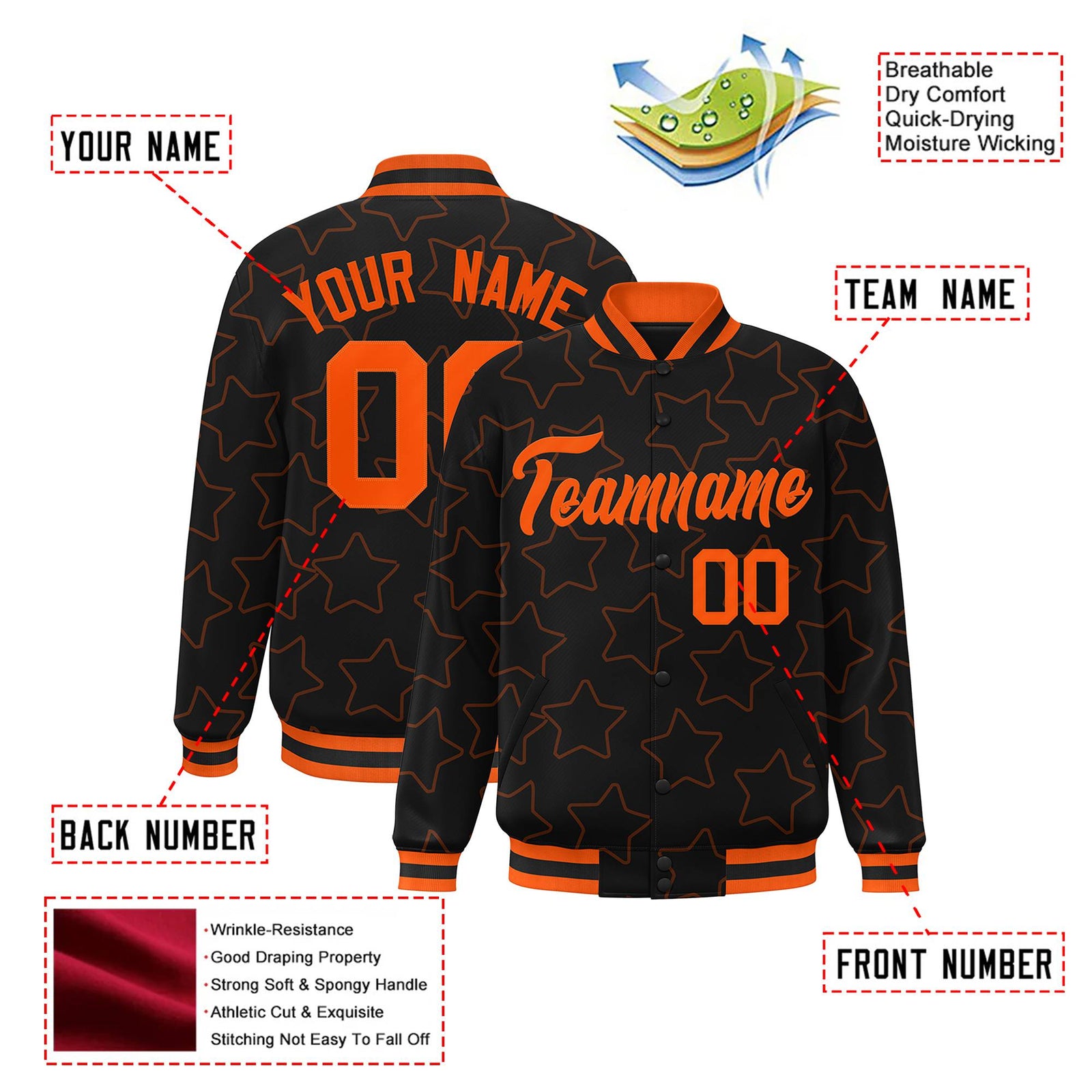 Custom Black Orange Varsity Full-Snap Star Pattern Letterman Baseball Jacket