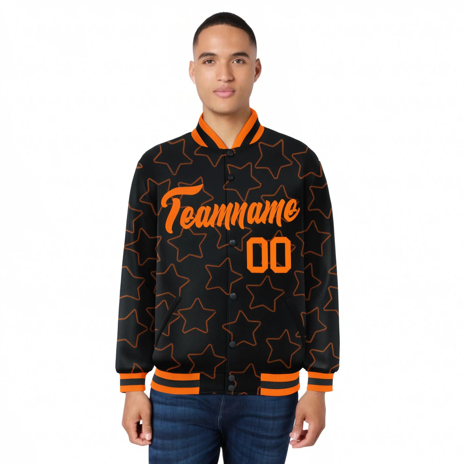 Custom Black Orange Varsity Full-Snap Star Pattern Letterman Baseball Jacket
