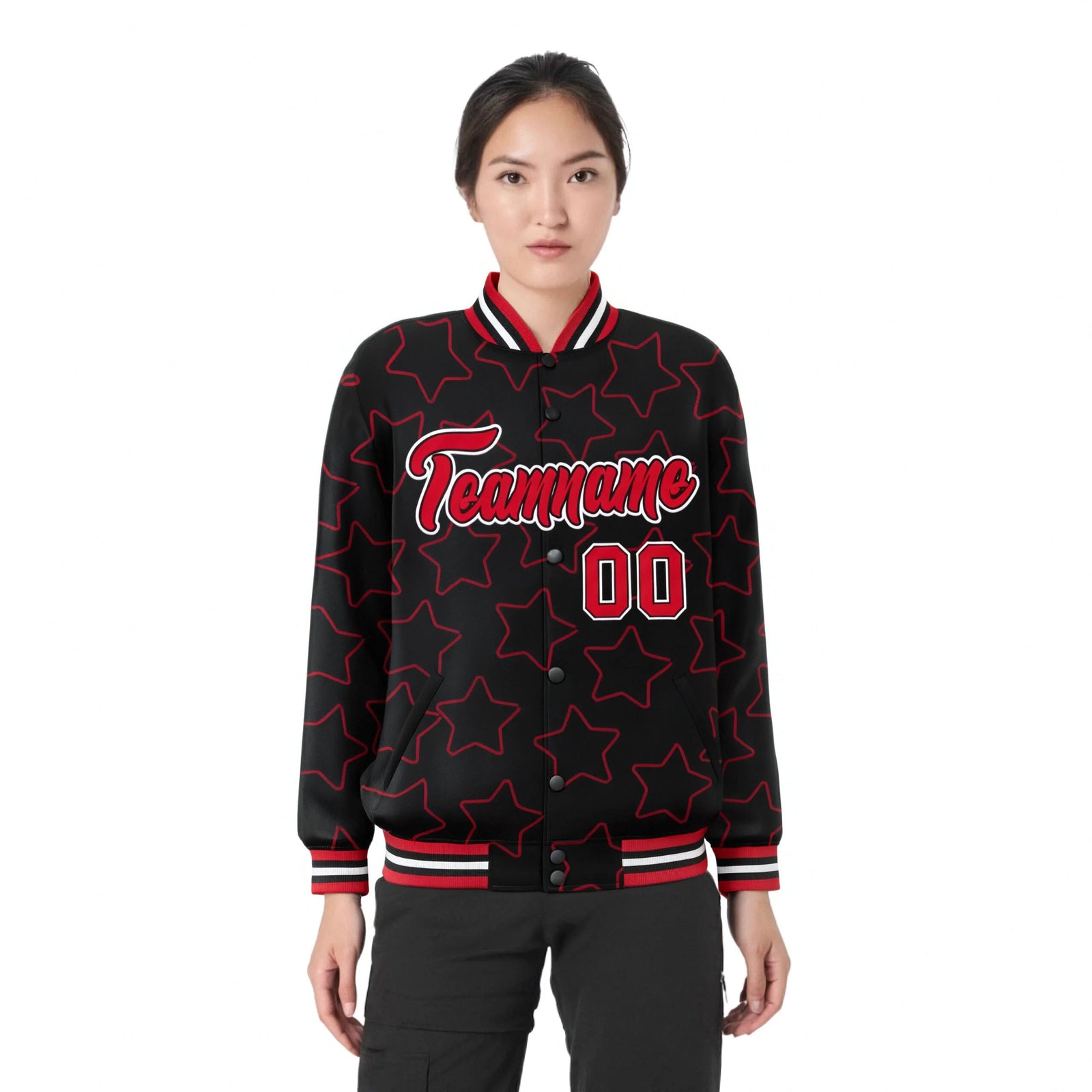 Custom Black Red-White Varsity Full-Snap Star Pattern Letterman Baseball Jacket
