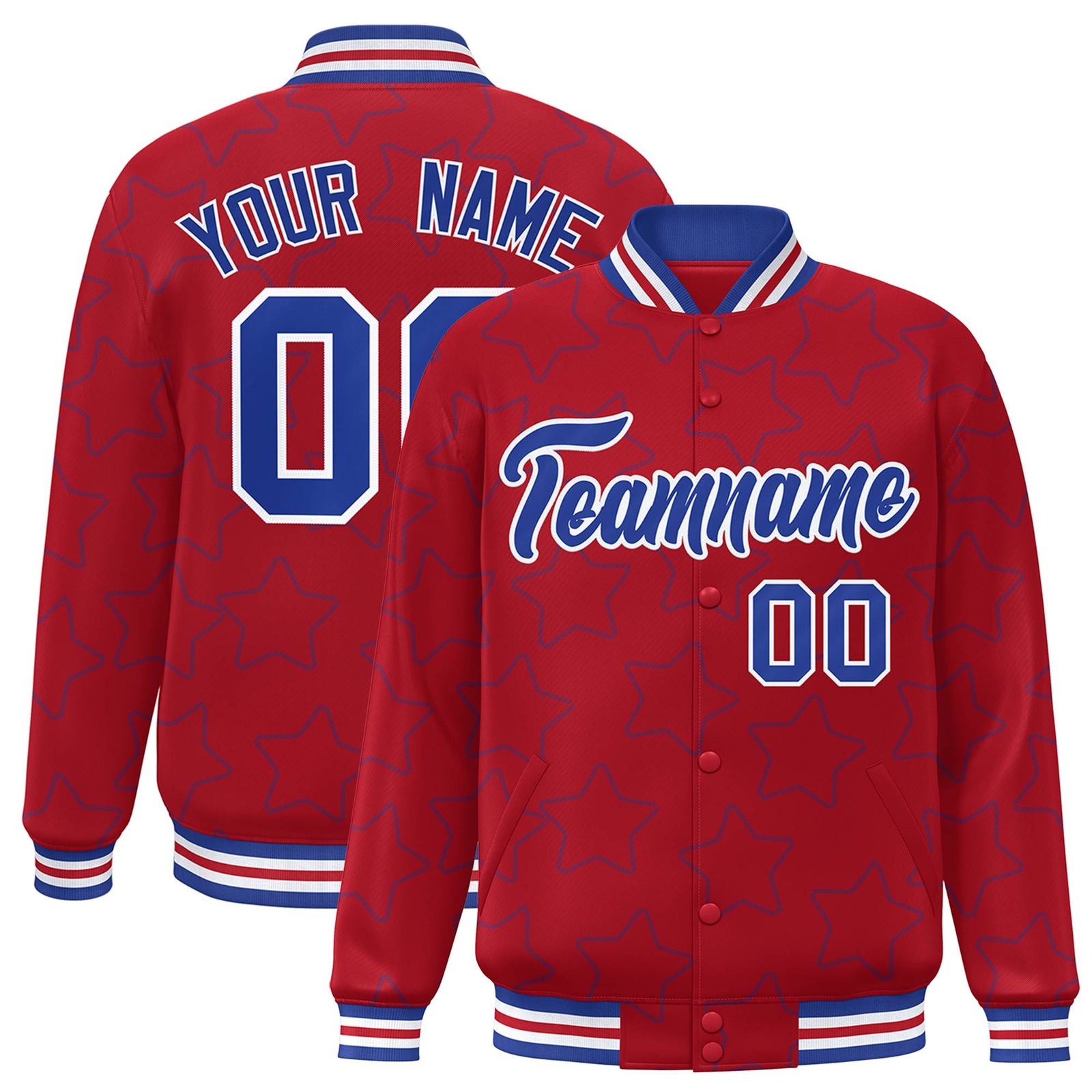 Custom Red Royal Blue-White Varsity Full-Snap Star Pattern Letterman Baseball Jacket