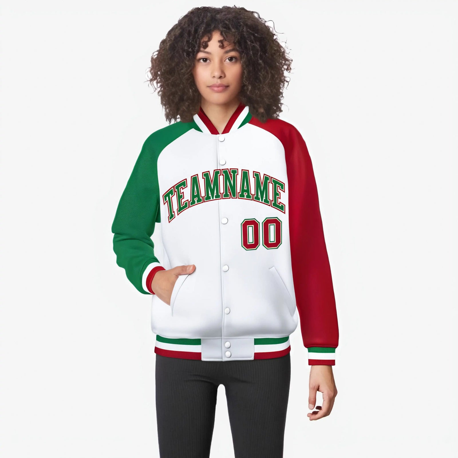 Custom White Red-Kelly Green Raglan Sleeves Varsity Full-Snap Letterman Jacket