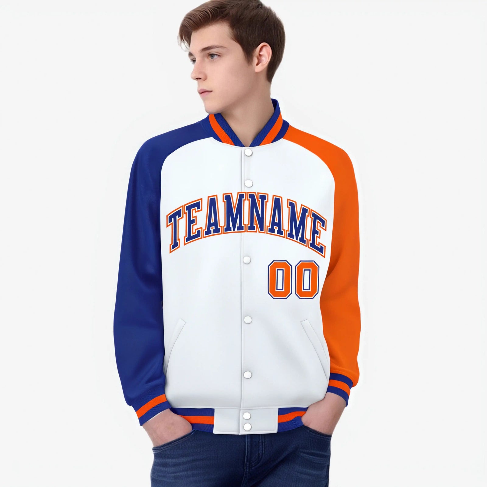 Custom White Orange-Royal Blue Raglan Sleeves Varsity Full-Snap Letterman Jacket