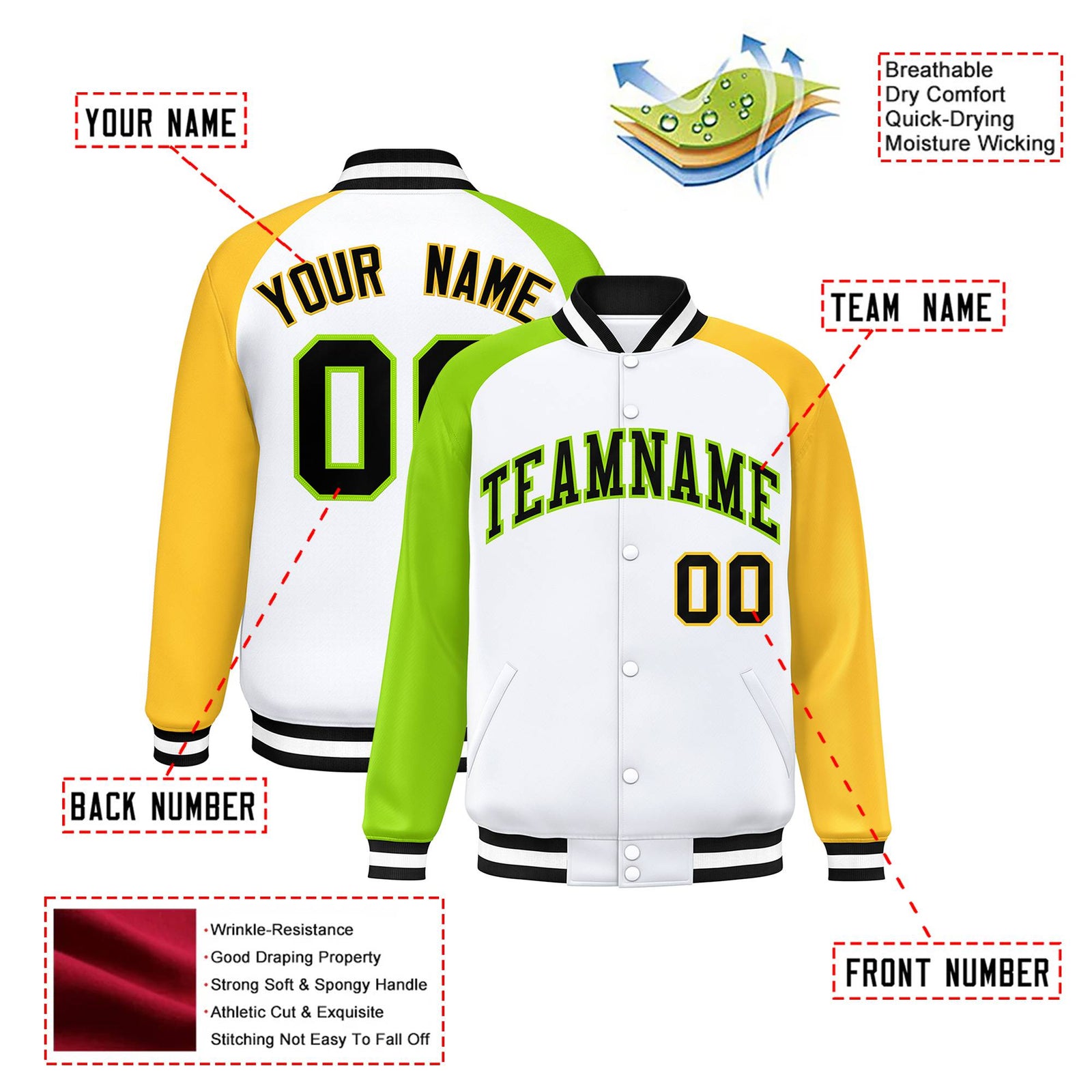 Custom White Gold-Neon Green Raglan Sleeves Varsity Full-Snap Letterman Jacket