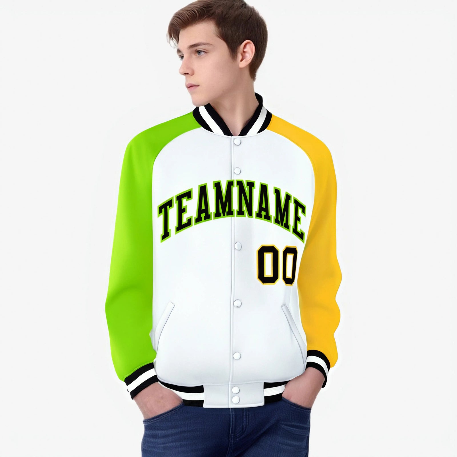 Custom White Gold-Neon Green Raglan Sleeves Varsity Full-Snap Letterman Jacket