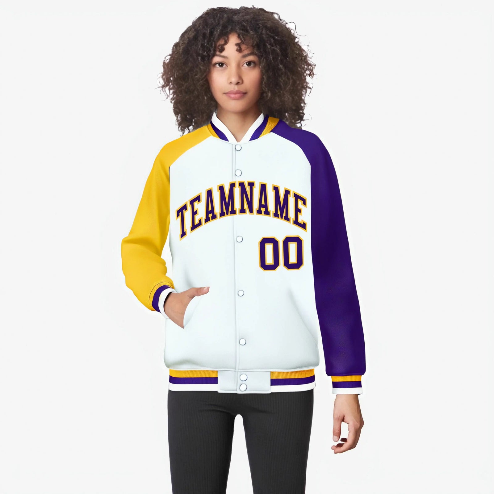 Custom White Purple-Gold Raglan Sleeves Varsity Full-Snap Letterman Jacket