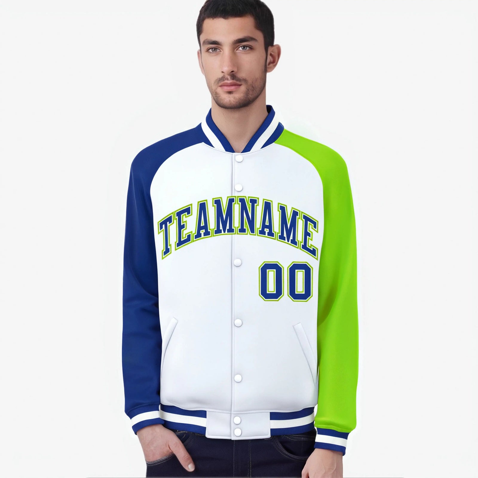 Custom White Neon Green-Royal Blue Raglan Sleeves Varsity Full-Snap Letterman Jacket