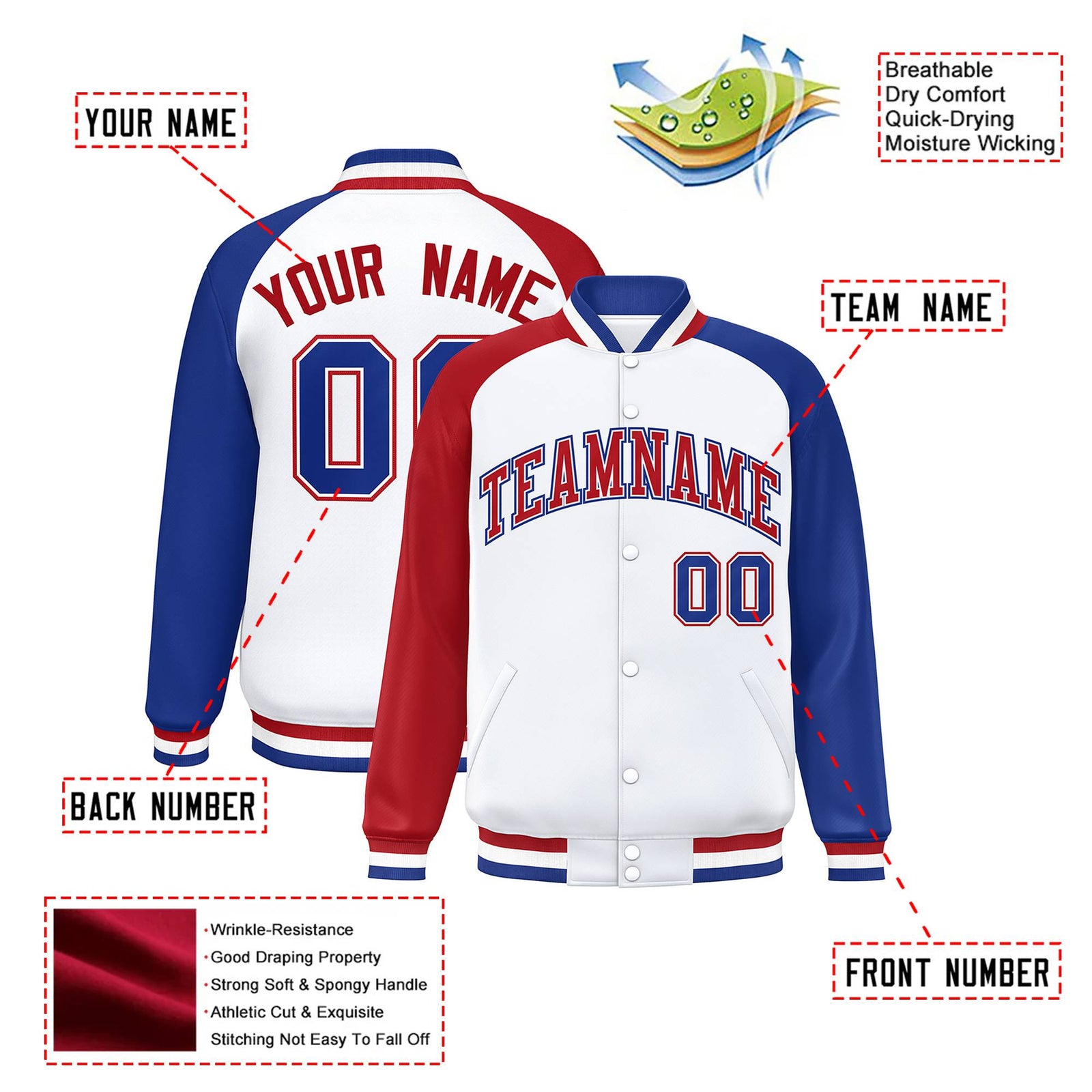 Custom White Royal Blue-Red Raglan Sleeves Varsity Full-Snap Letterman Jacket