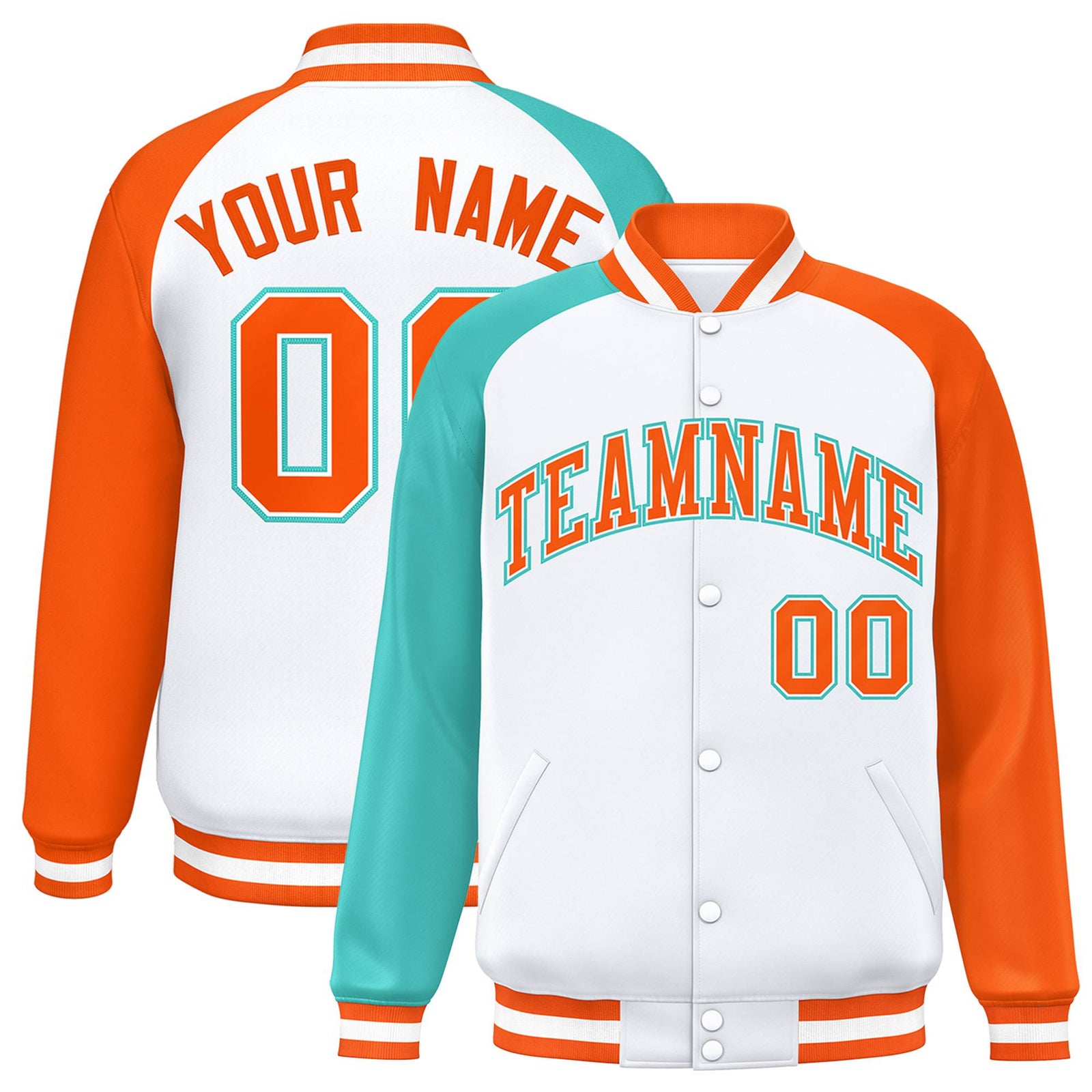 Custom White Orange-Aqua Raglan Sleeves Varsity Full-Snap Letterman Jacket