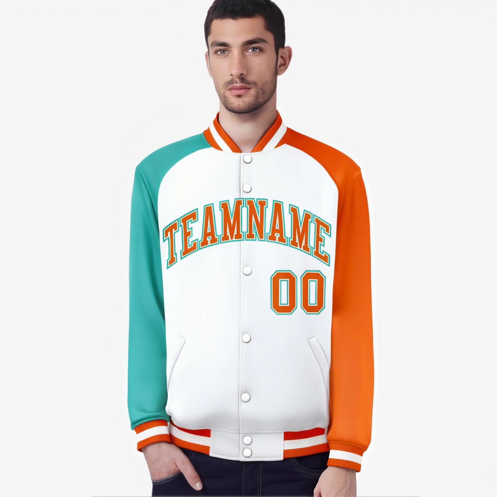 Custom White Orange-Aqua Raglan Sleeves Varsity Full-Snap Letterman Jacket