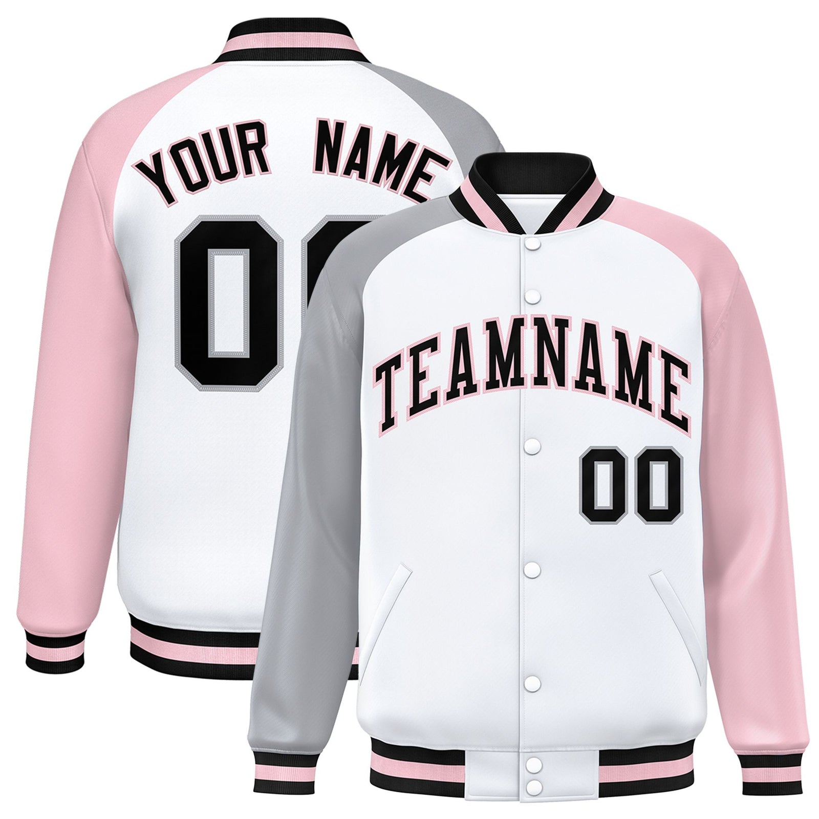 Custom White Pink-Gray Raglan Sleeves Varsity Full-Snap Letterman Jacket