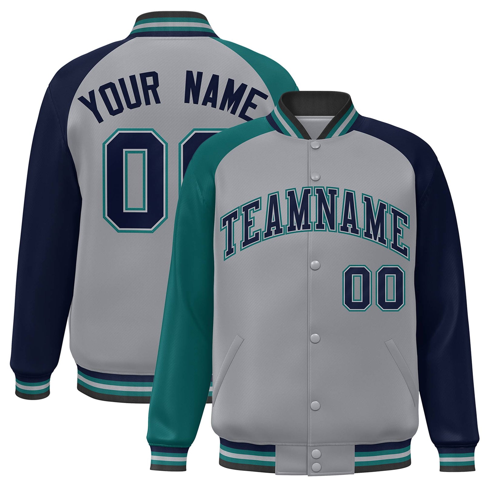 Custom Gray Navy-Aqua Raglan Sleeves Varsity Full-Snap Letterman Jacket