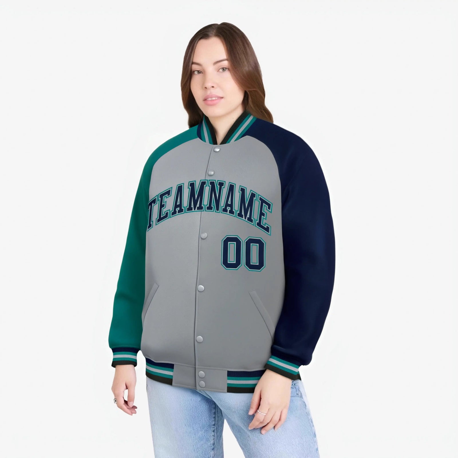 Custom Gray Navy-Aqua Raglan Sleeves Varsity Full-Snap Letterman Jacket