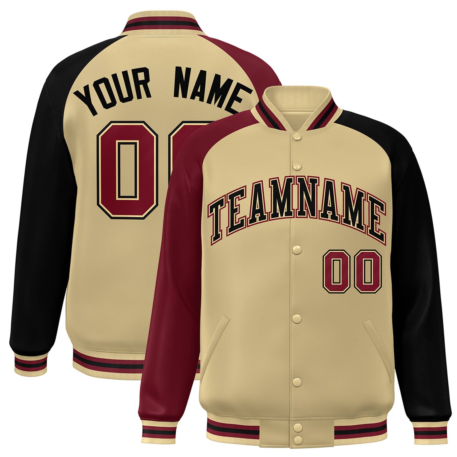 Custom Cream Navy-Crimson Raglan Sleeves Varsity Full-Snap Letterman Jacket