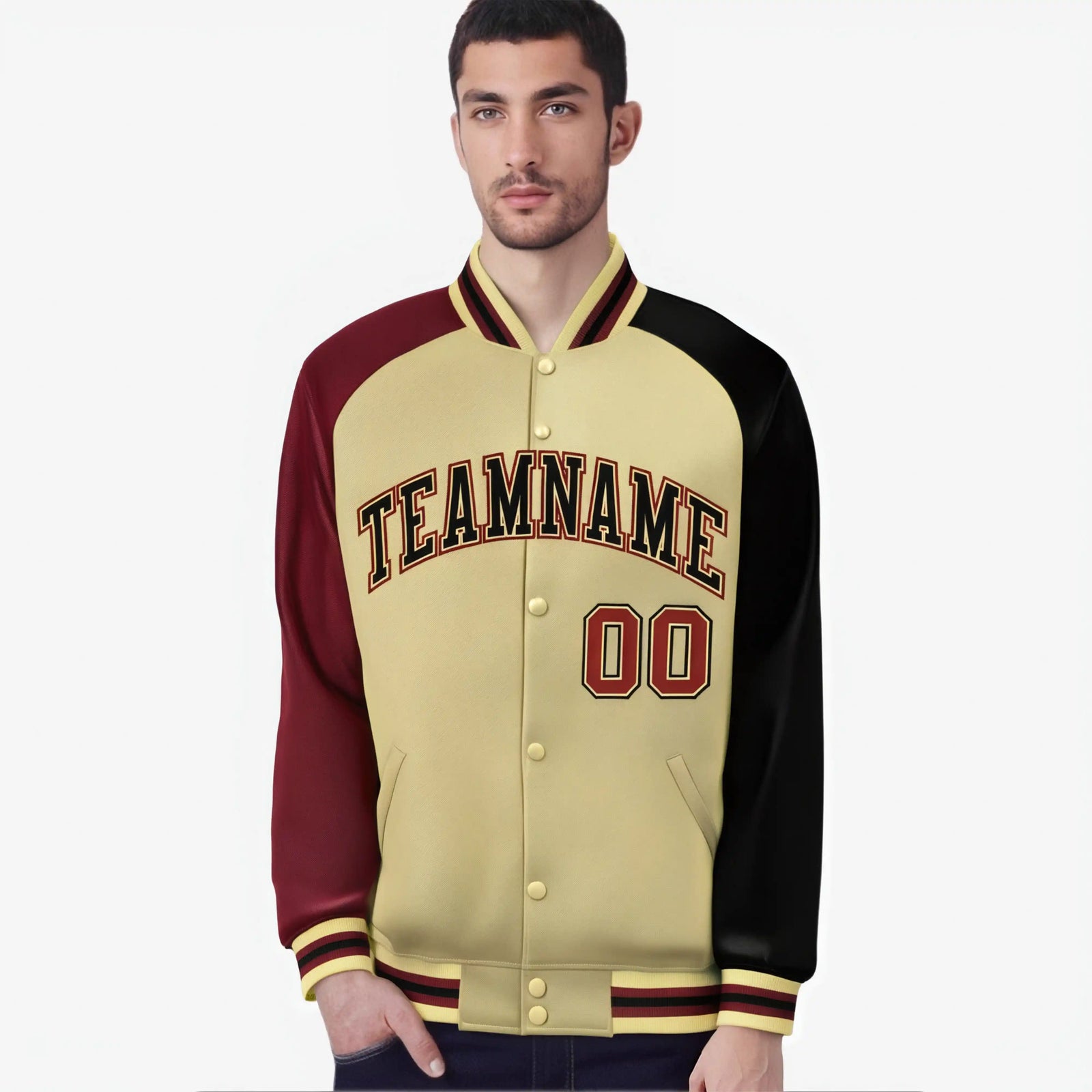 Custom Cream Navy-Crimson Raglan Sleeves Varsity Full-Snap Letterman Jacket