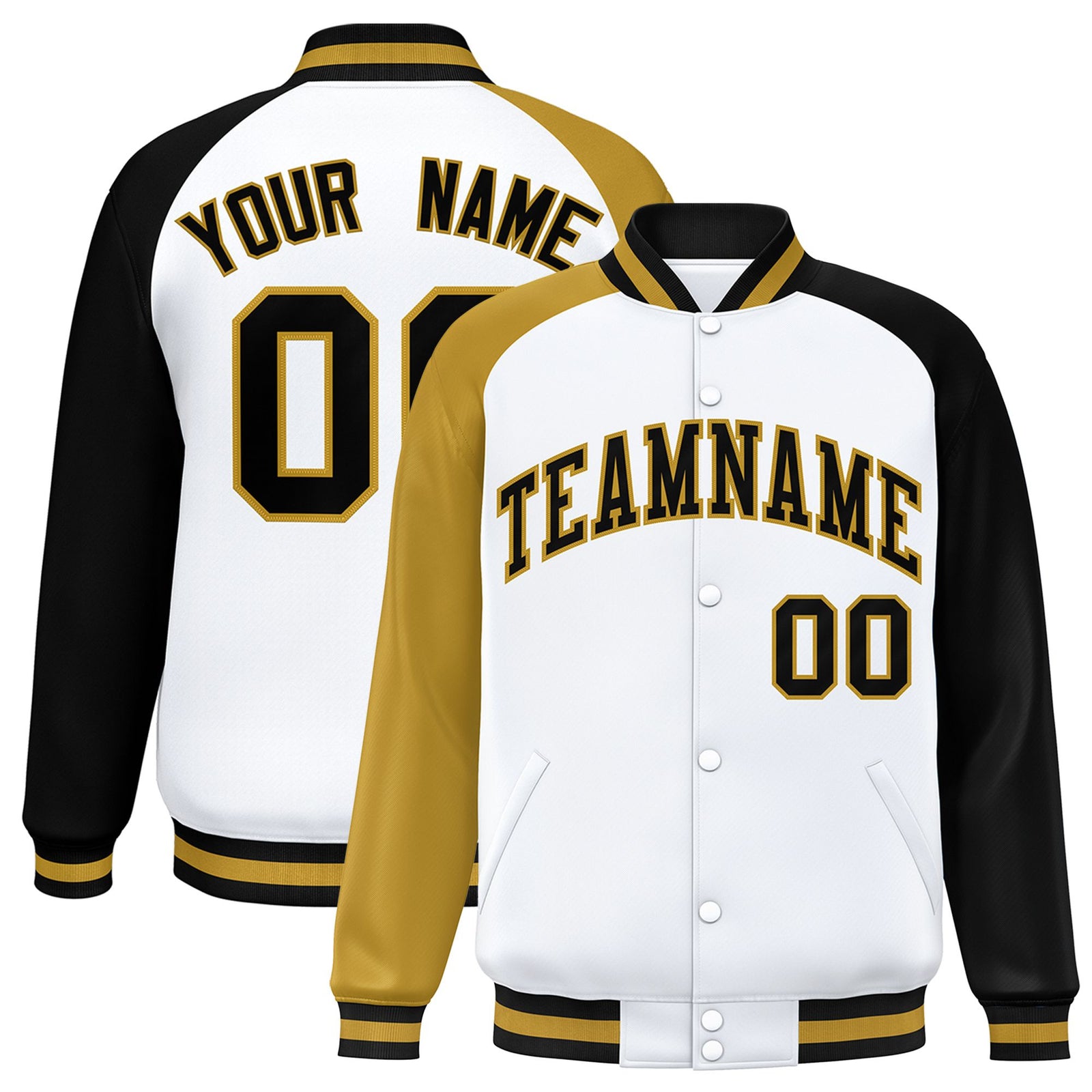 Custom White Black-Old Gold Raglan Sleeves Varsity Full-Snap Letterman Jacket