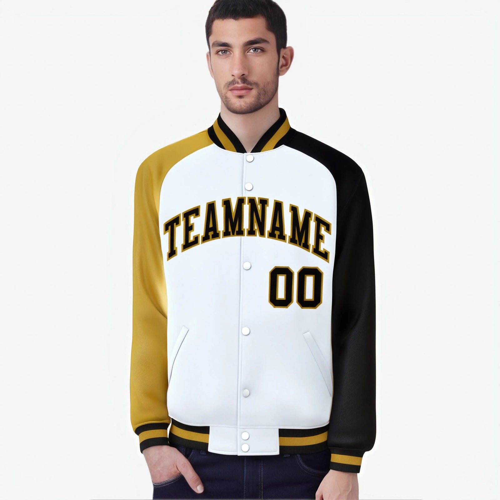 Custom White Black-Old Gold Raglan Sleeves Varsity Full-Snap Letterman Jacket