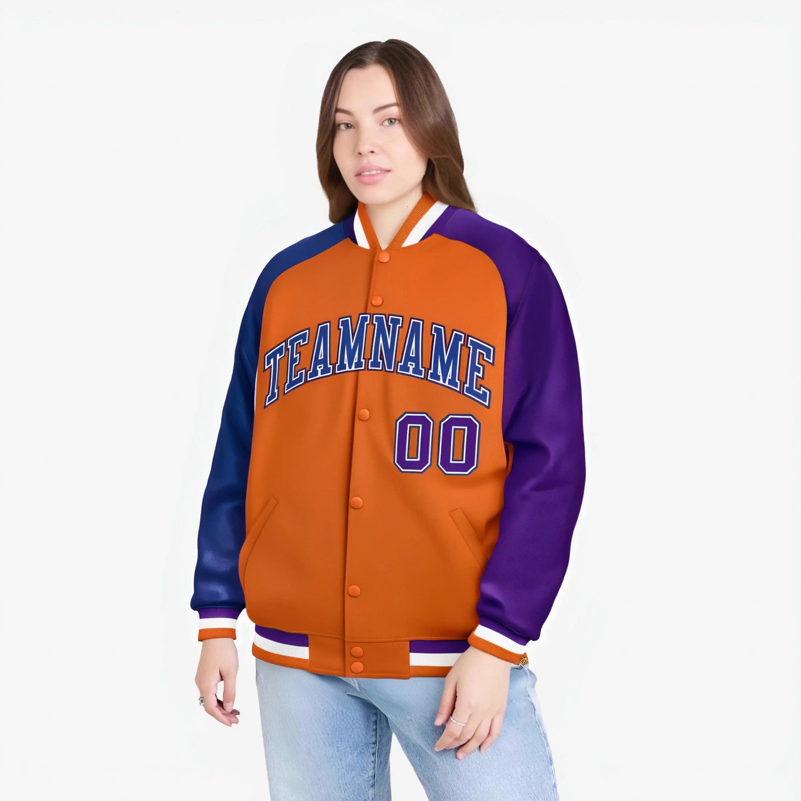 Custom Orange Purple-Royal Blue Raglan Sleeves Varsity Full-Snap Letterman Jacket
