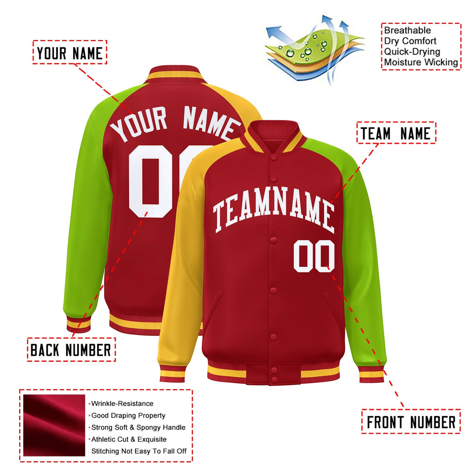 Custom Red Neon Green-Gold Raglan Sleeves Varsity Full-Snap Letterman Jacket