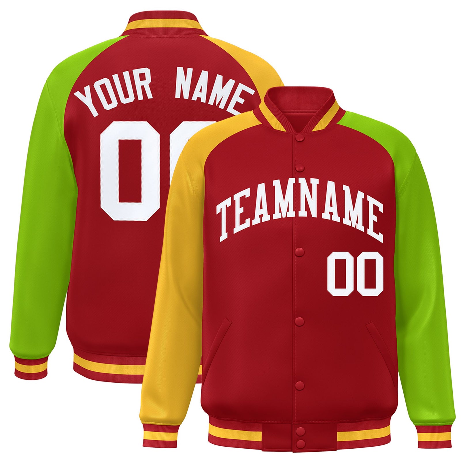 Custom Red Neon Green-Gold Raglan Sleeves Varsity Full-Snap Letterman Jacket