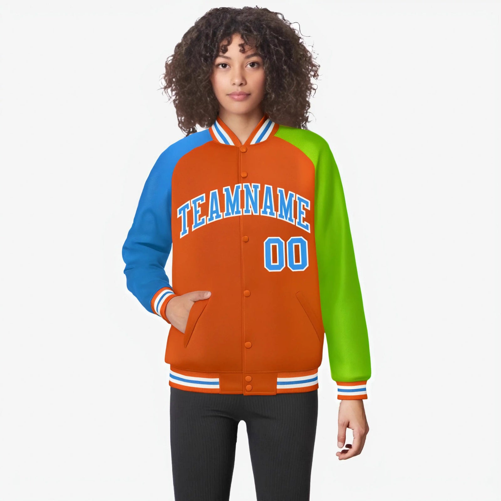 Custom Orange Neon Green-Powder Blue Raglan Sleeves Varsity Full-Snap Letterman Jacket