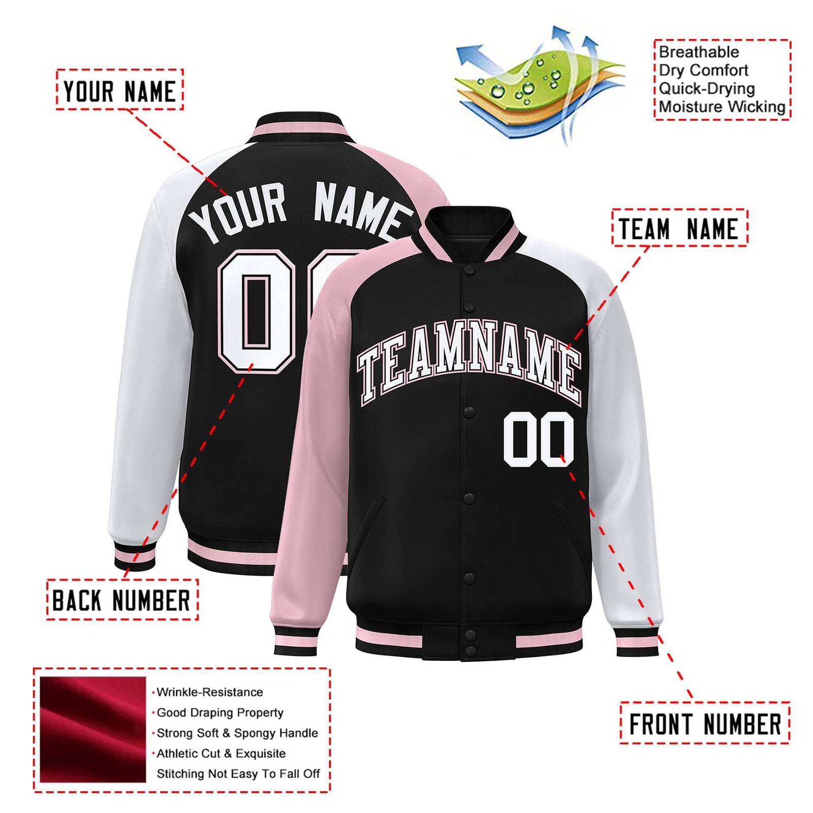 Custom Black White-Pink Raglan Sleeves Varsity Full-Snap Letterman Jacket