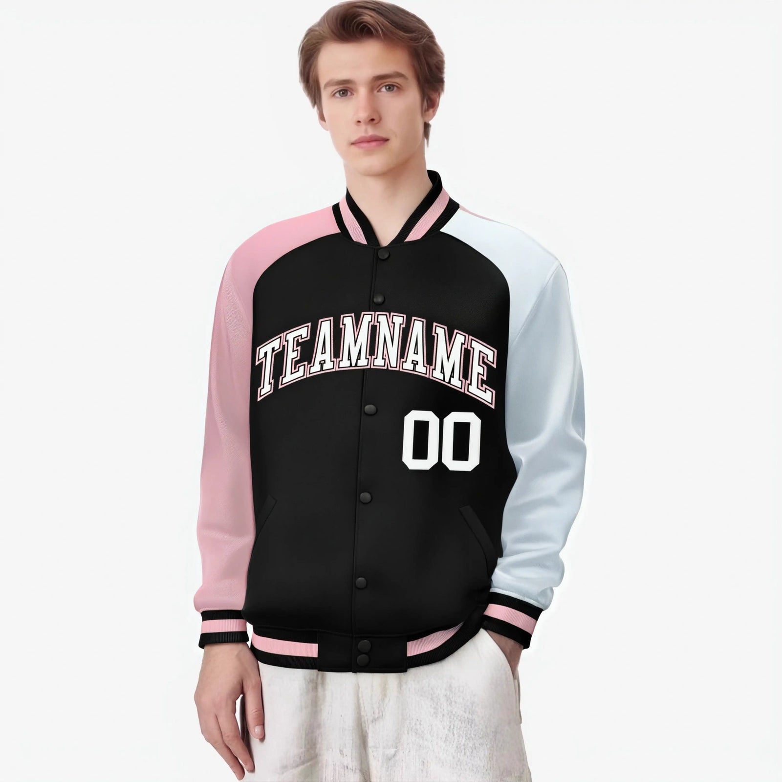 Custom Black White-Pink Raglan Sleeves Varsity Full-Snap Letterman Jacket