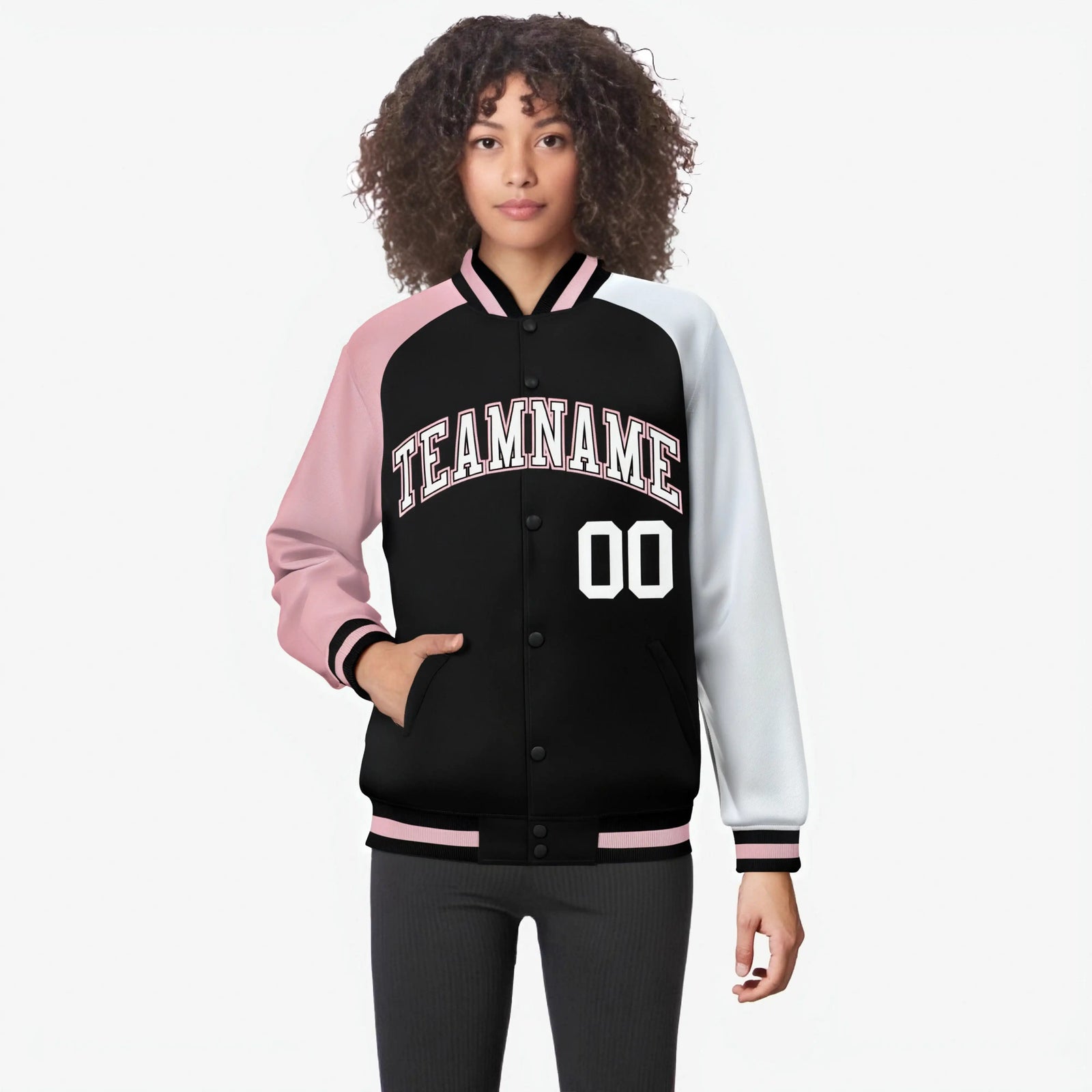 Custom Black White-Pink Raglan Sleeves Varsity Full-Snap Letterman Jacket