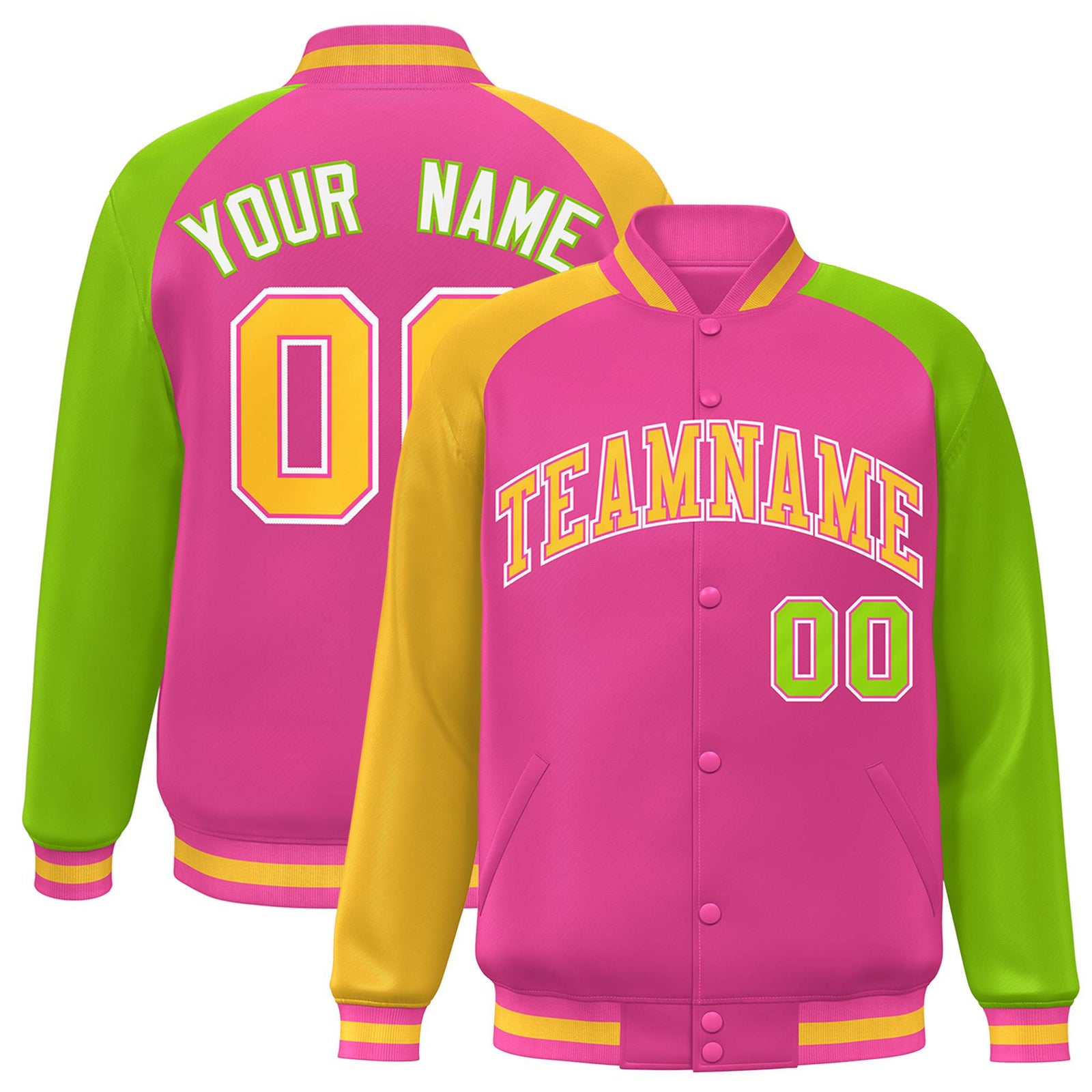 Custom Pink Neon Green-Gold Raglan Sleeves Varsity Full-Snap Letterman Jacket