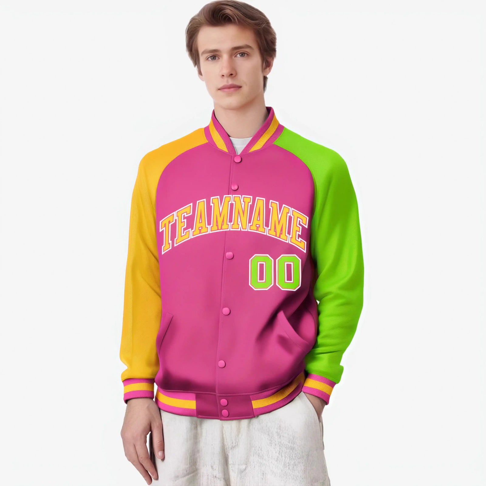 Custom Pink Neon Green-Gold Raglan Sleeves Varsity Full-Snap Letterman Jacket