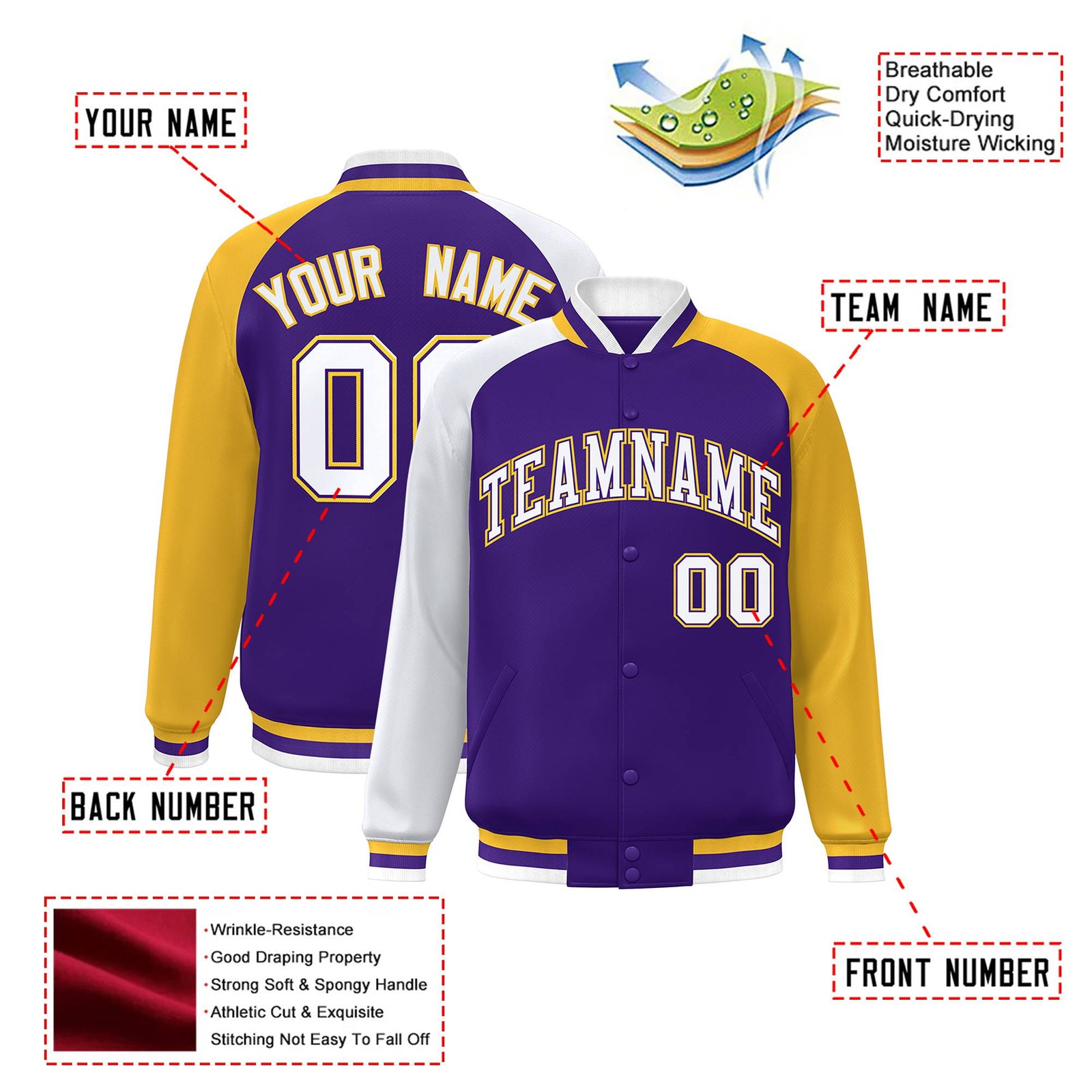 Custom Purple Gold-White Raglan Sleeves Varsity Full-Snap Letterman Jacket