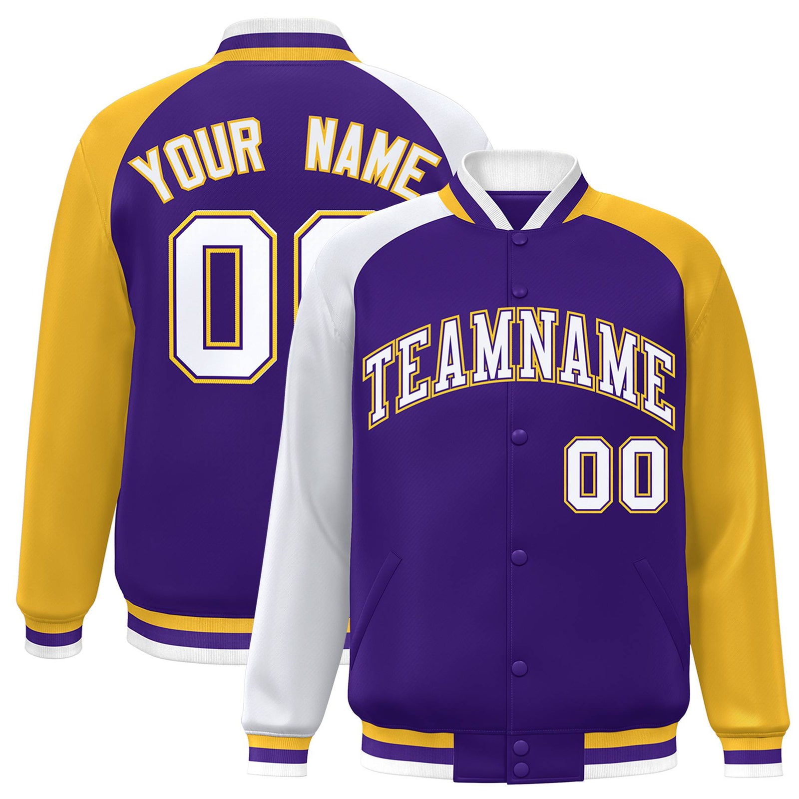 Custom Purple Gold-White Raglan Sleeves Varsity Full-Snap Letterman Jacket