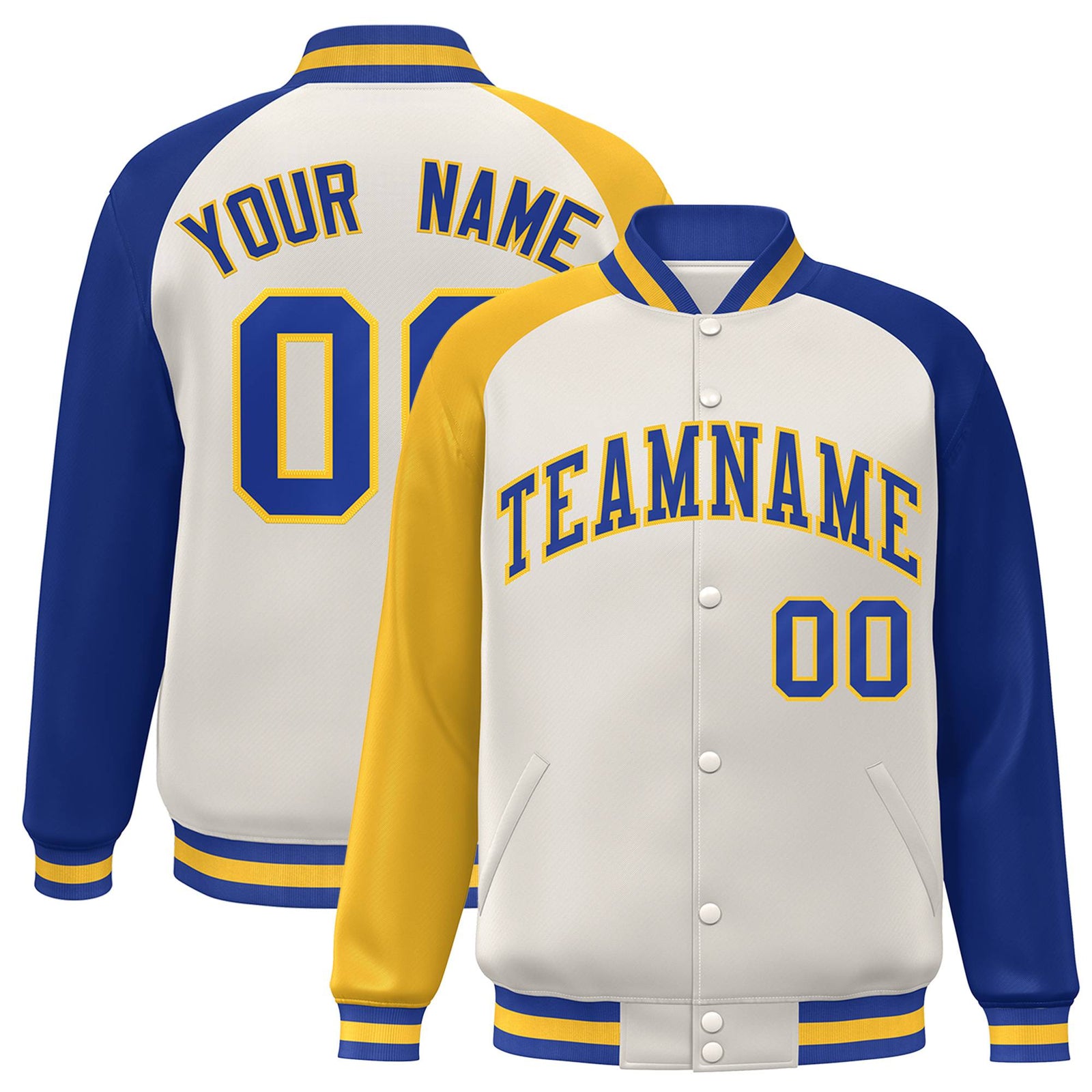 Custom Cream Royal Blue-Gold Raglan Sleeves Varsity Full-Snap Letterman Jacket
