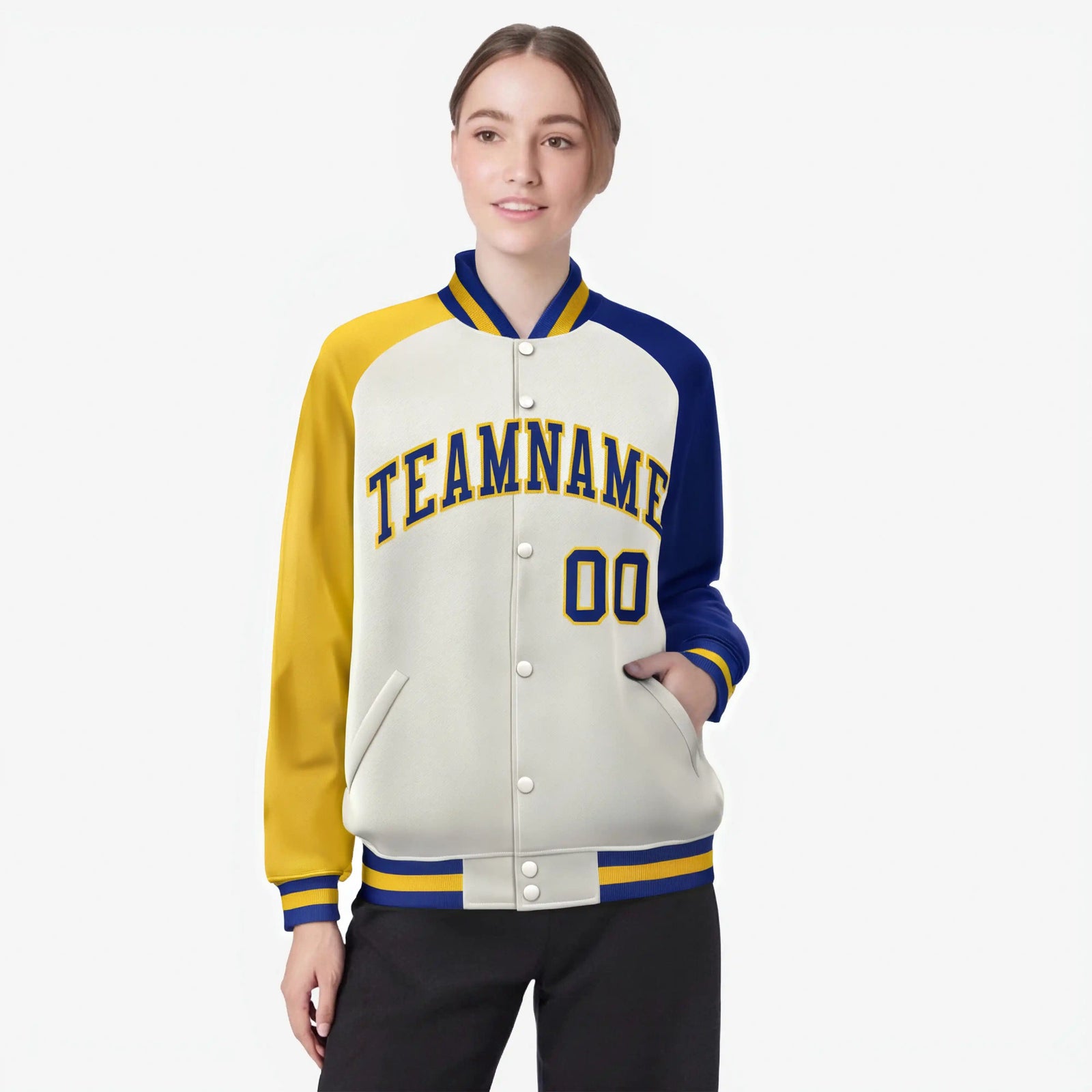 Custom Cream Royal Blue-Gold Raglan Sleeves Varsity Full-Snap Letterman Jacket