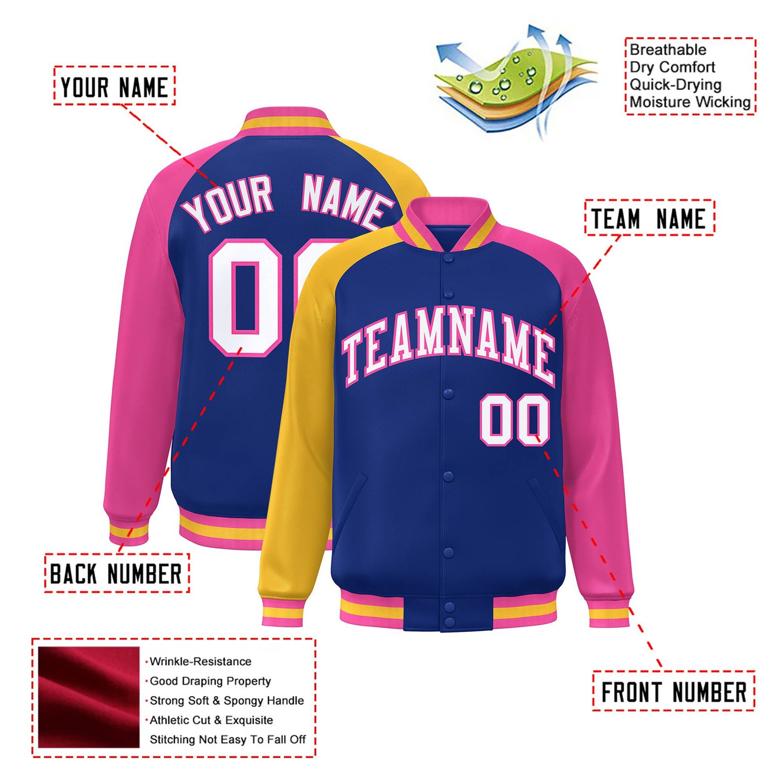 Custom Royal Blue Pink-Gold Raglan Sleeves Varsity Full-Snap Letterman Jacket
