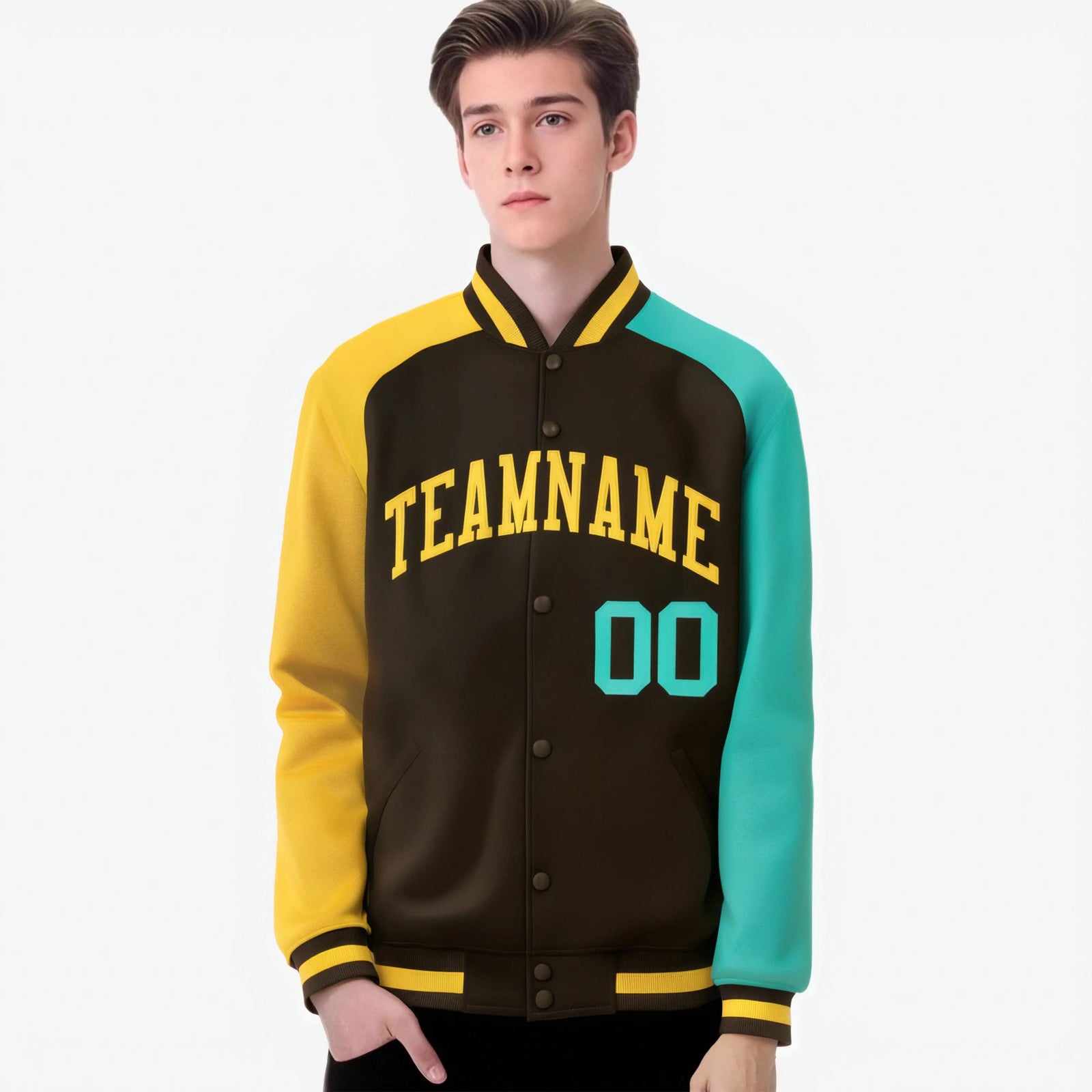 Custom Brown Olive-Gold Raglan Sleeves Varsity Full-Snap Letterman Jacket